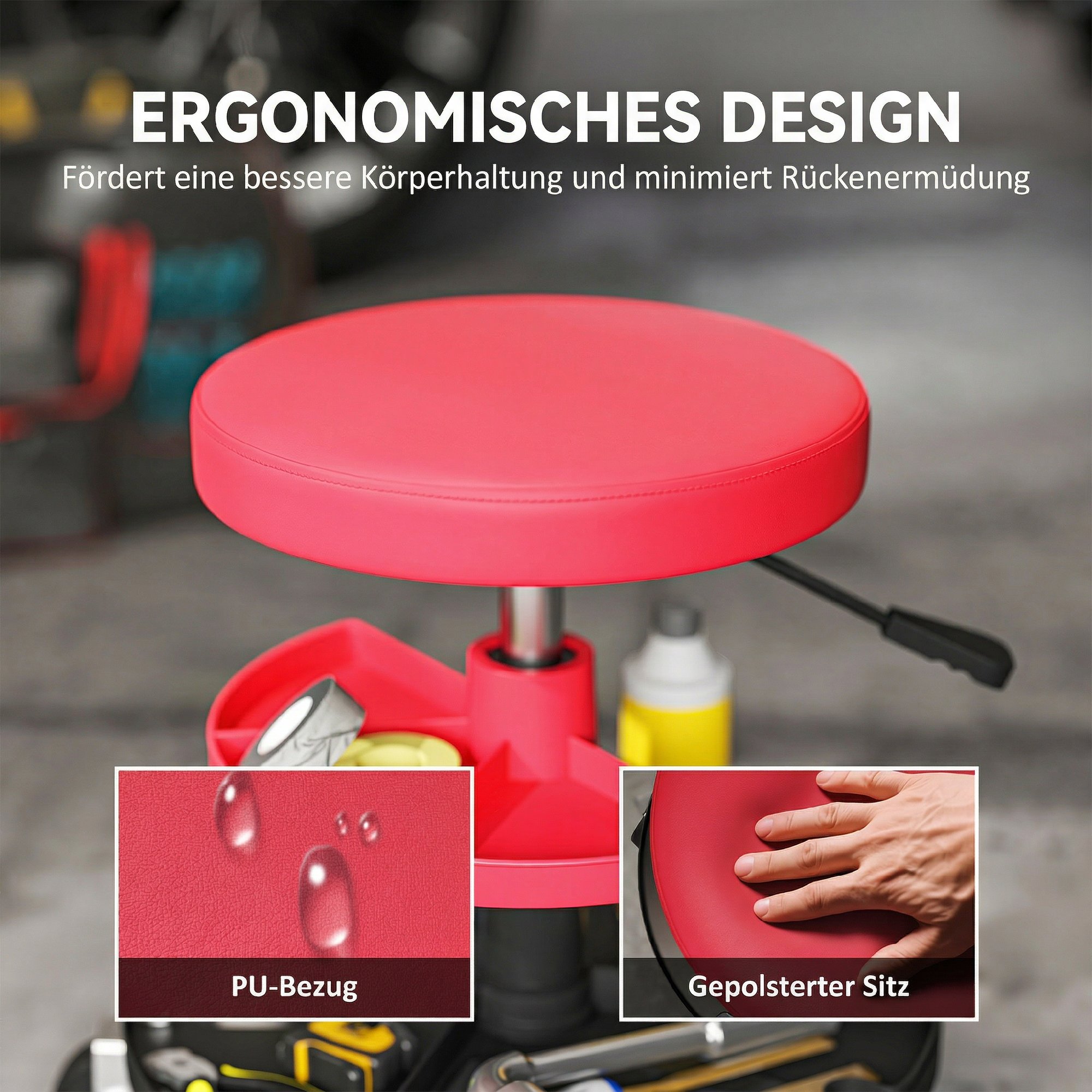 Werkstatthocker mit Rollen Tabletts höhenverstellbar 40-51cm Rollhocker bis 135 kg belastbar Rot