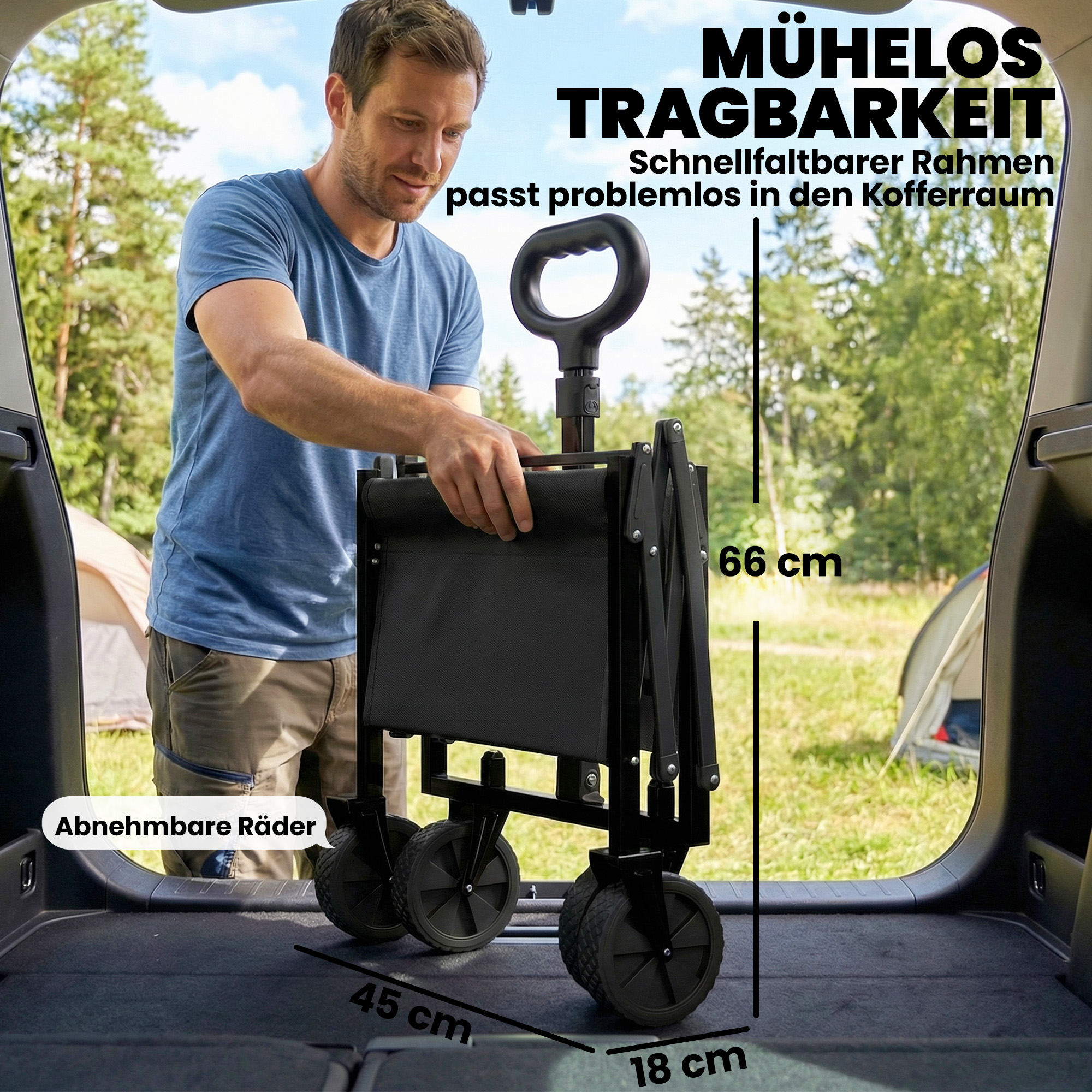 Bollerwagen 60L faltbarer Handwagen Gartenwagen Transportwagen mit Teleskop Griff Heckklappe Getränkehalter