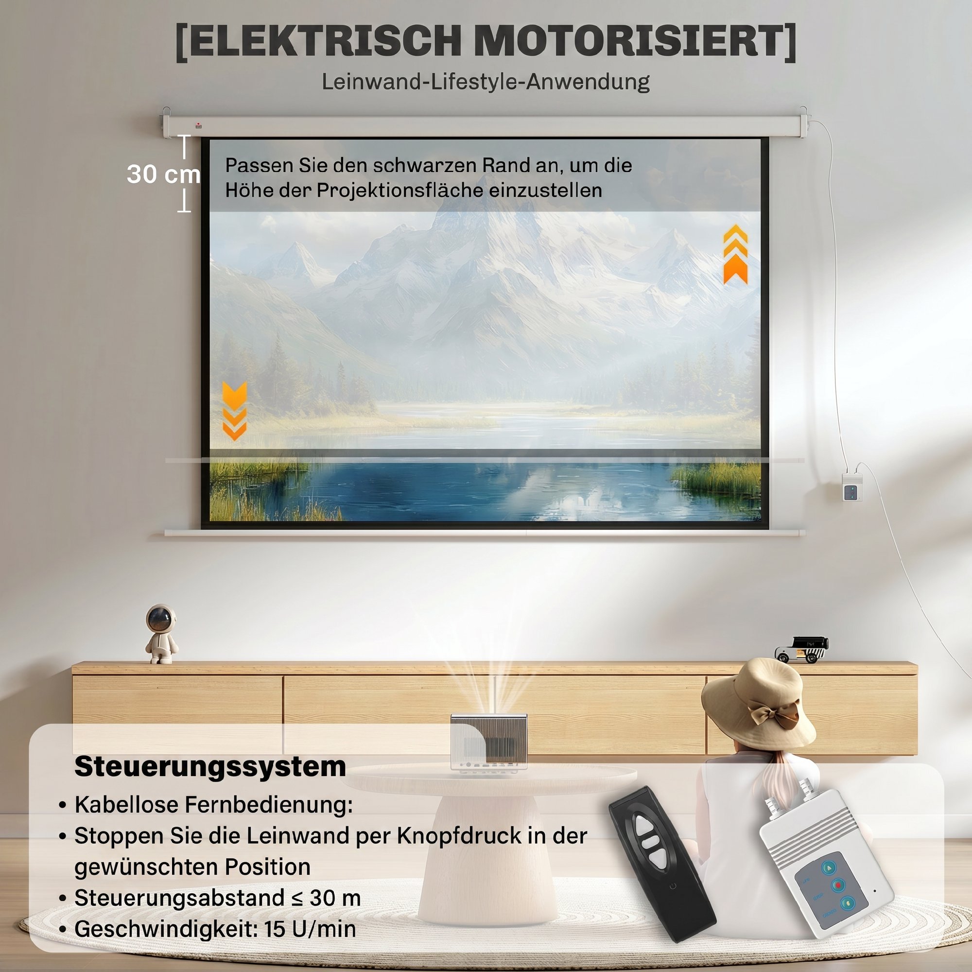Beamer Leinwand 212 x 150 cm 120 Zoll 16:9 HD 4K Projektionsleinwand Elektrisch mit Fernbedienung, Weiß