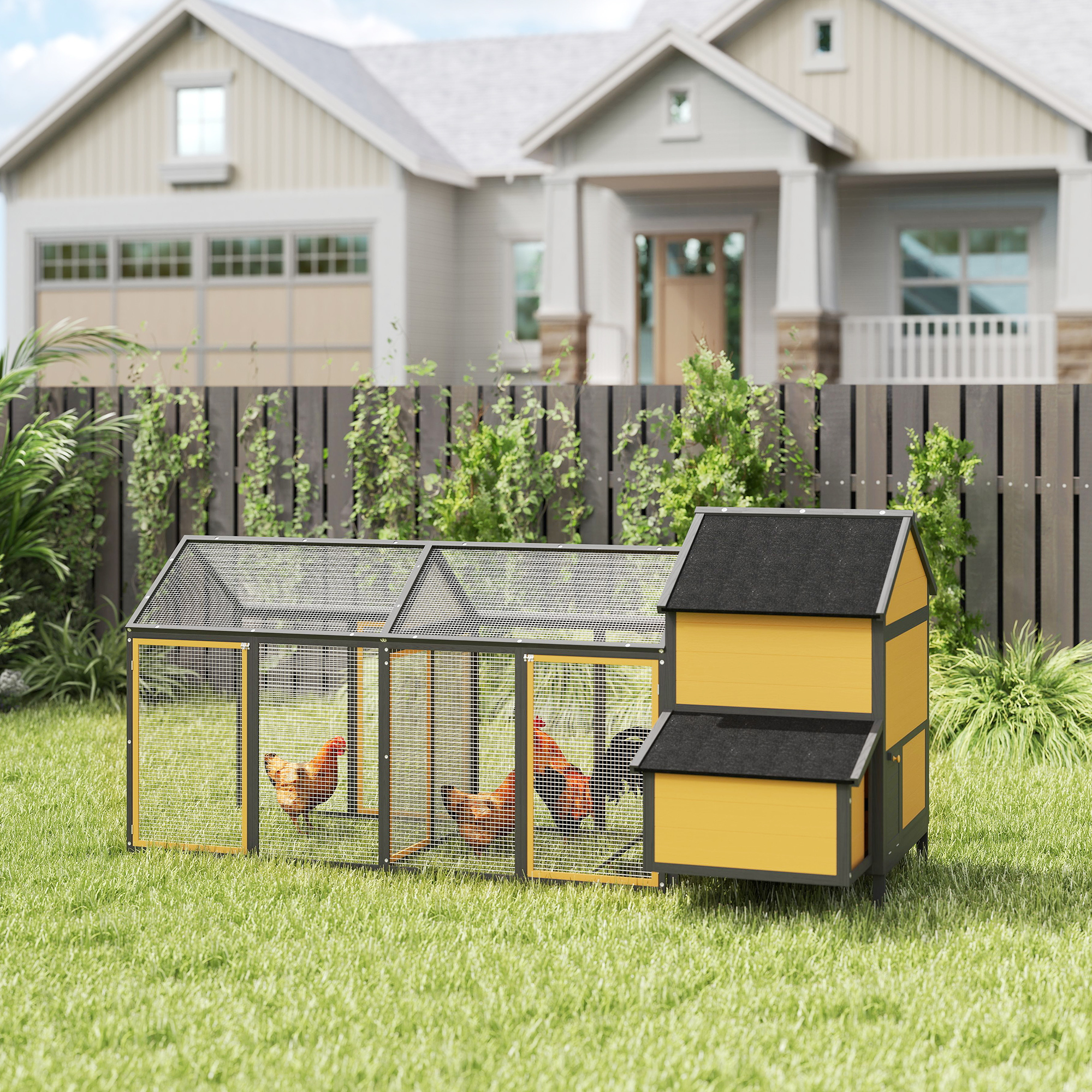 Hühnerstall Kleintierstall 2 Außengehege, 1 Nistkasten, 2 Rampen,Asphaltdach, wetterbeständig, Gelb