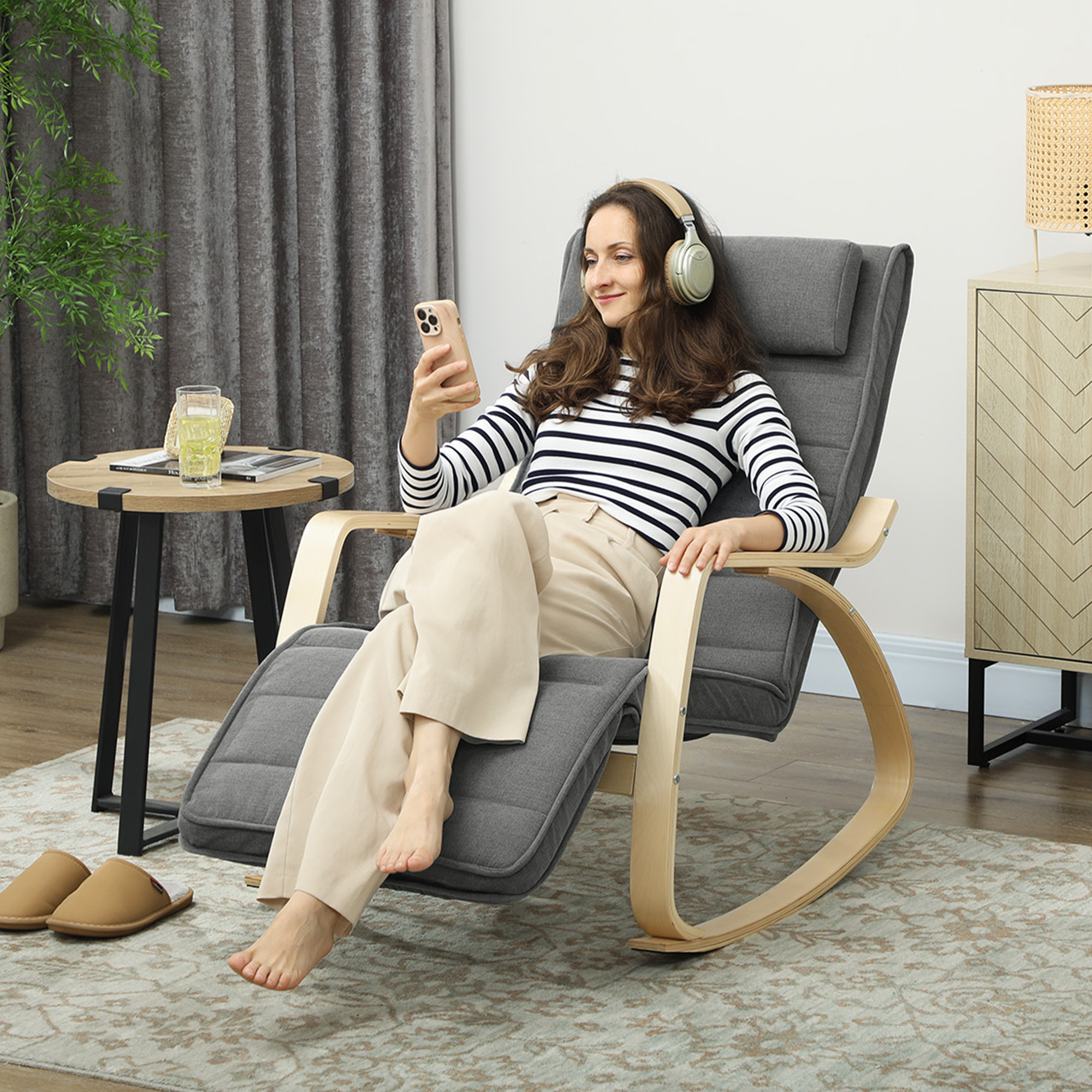 Schaukelstuhl mit Massage-Funktion, Lendenheizung, 3 Modi, Stoffbezug, Grau