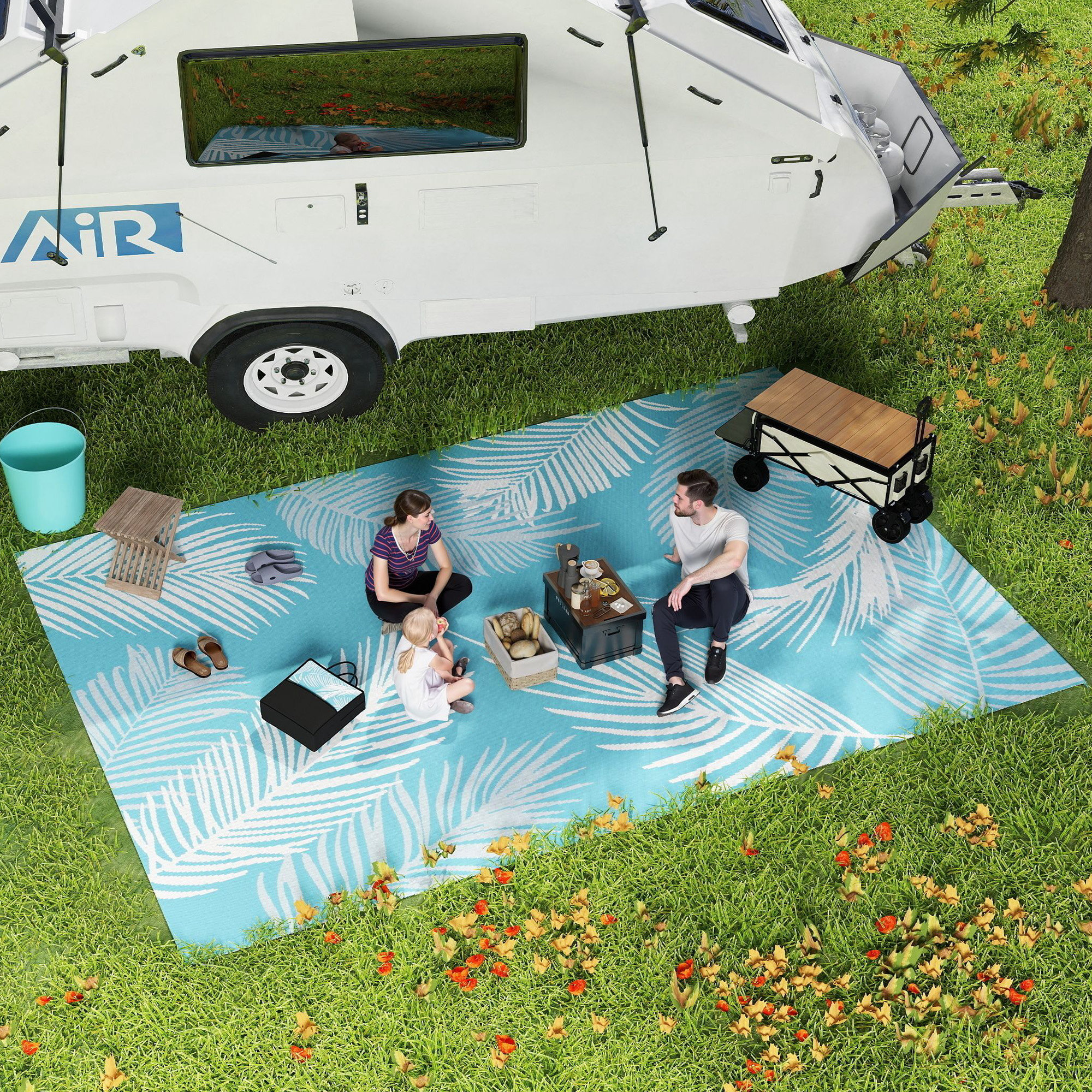 Outdoor Teppich wendbarer robuster Wetterfest Outdoorteppich mit Tragetasche Bodenankern 274 x 182 cm Hellblau+Weiß