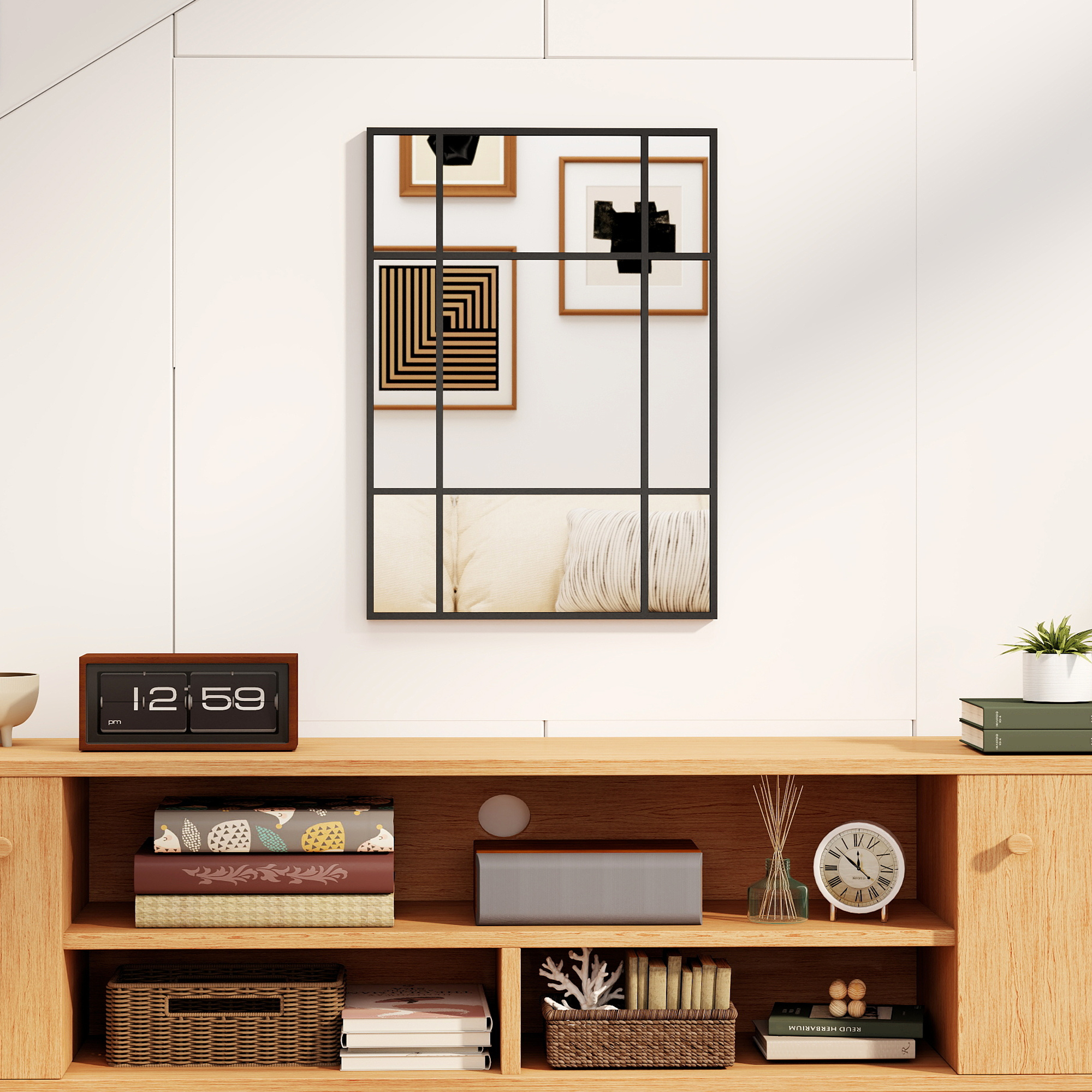 Wandspiegel, dekorativer Spiegel mit Metallrahmen, schwarze Streifen, Mehrschichtglas, 50B x 2T x 70H cm