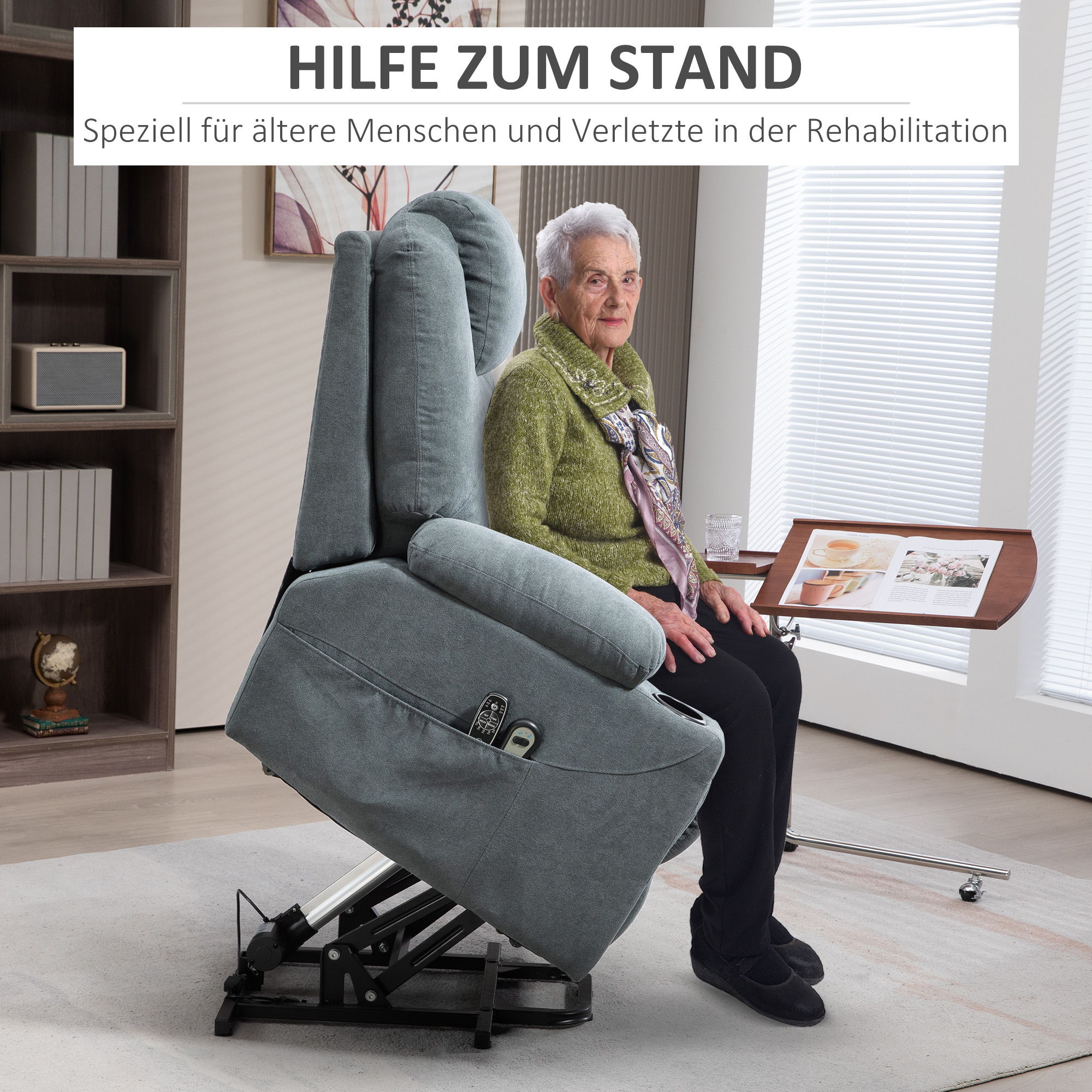 Massagesessel  Aufstehhilfe Seniorensessel, 8 Massagepunkte, Seitentaschen, Fernbedienung, 90L x 101B x 107 cm, Grau