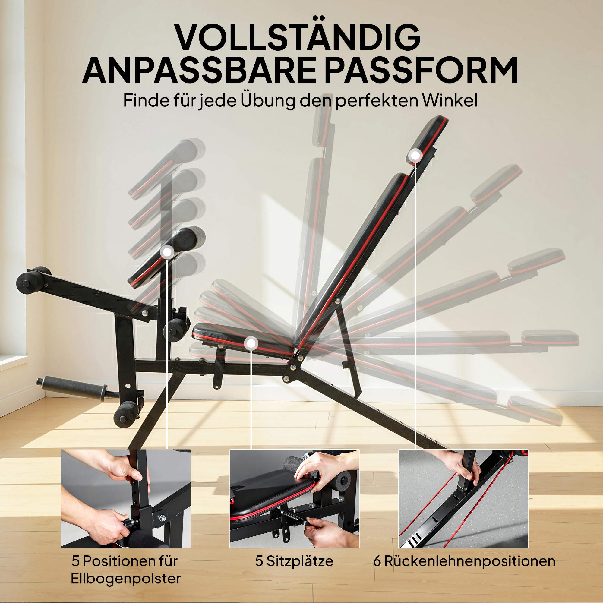 Hantelbank verstellbar bis 300 kg 3 in 1 Trainingsbank mit Rollen Beinstrecker Curlpult Kopfstütze Widerstandsbändern