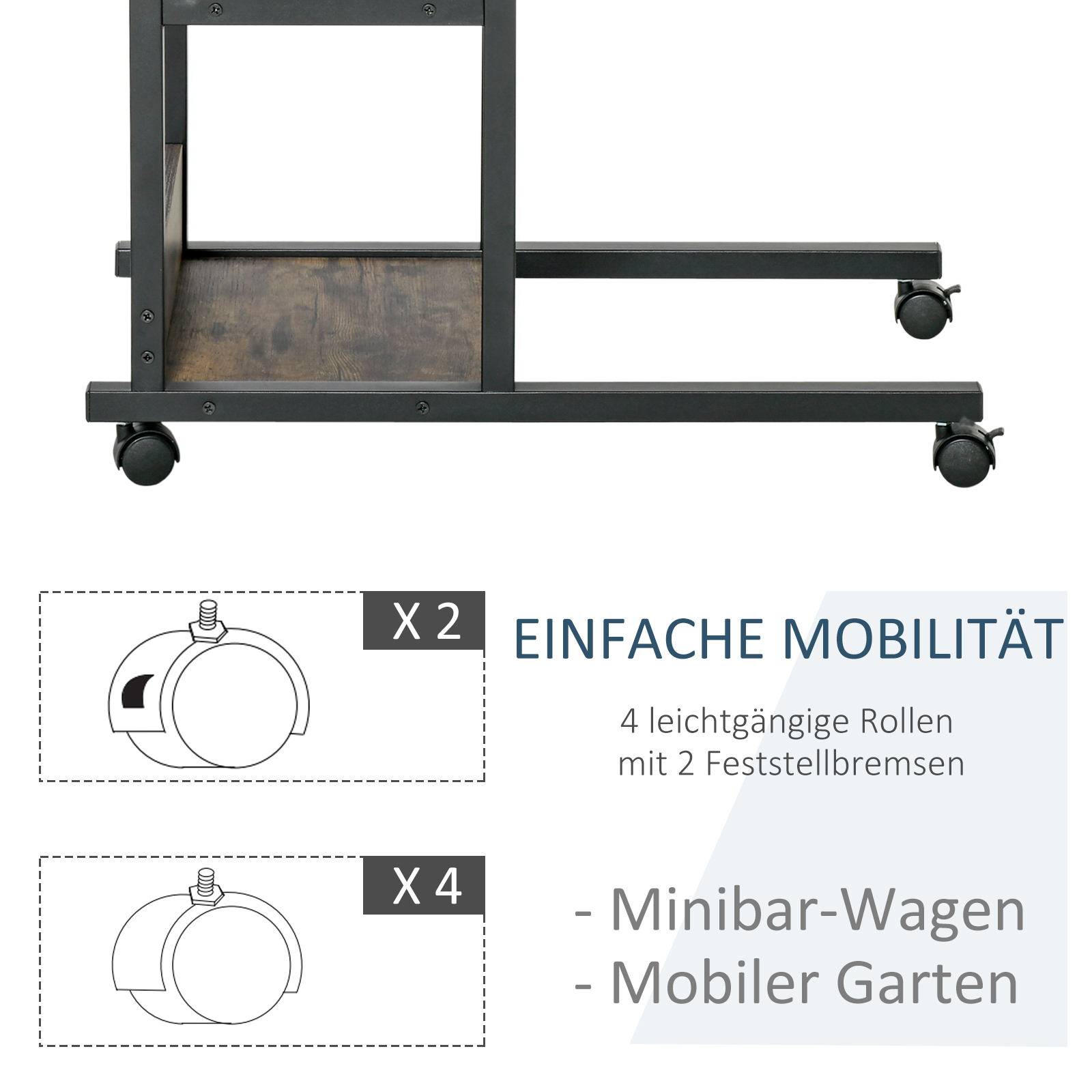 Beistelltisch mit Rollen, höhenverstellbar, kompakt, 2 Ablageböden, Metallrahmen, 80x40x72-82 cm, Braun