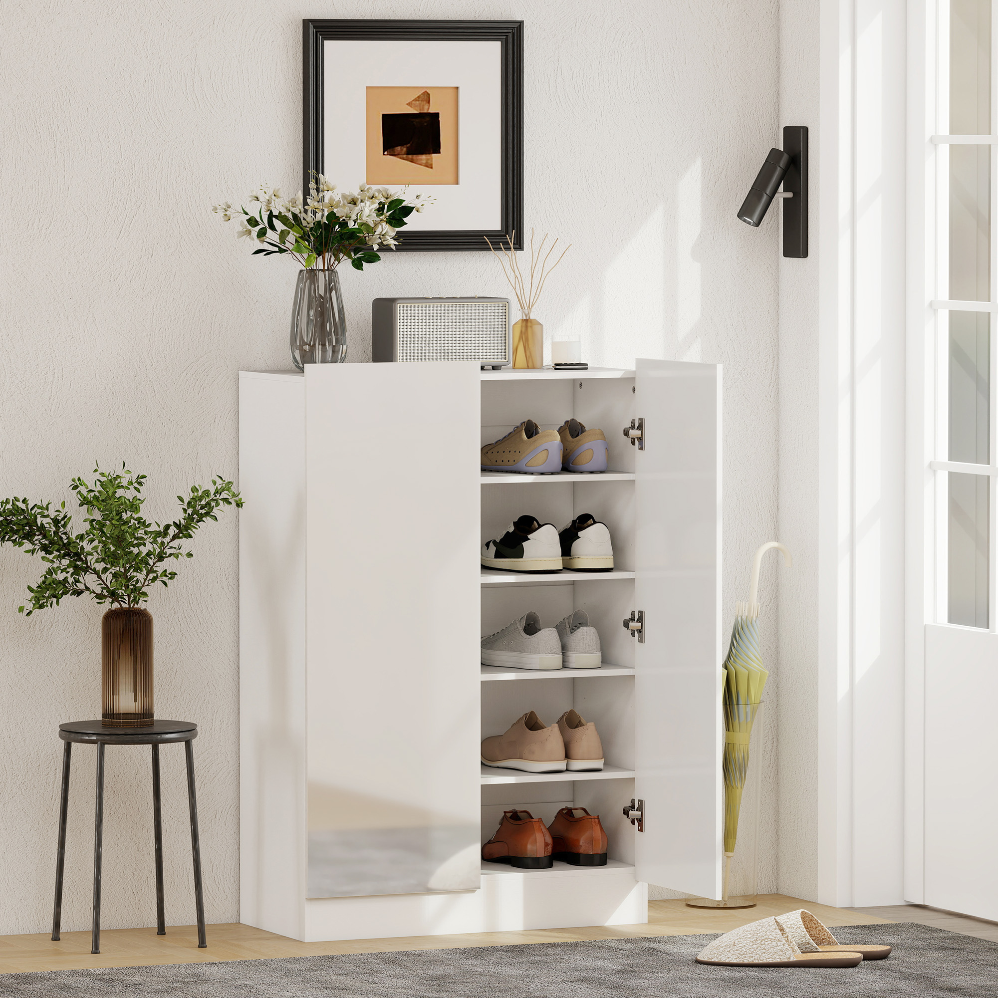 5-stufiger Schuhschrank für 20 Paar Schuhe, verstellbare Regale, für Eingangsbereich, Flur, Holz, Weiß