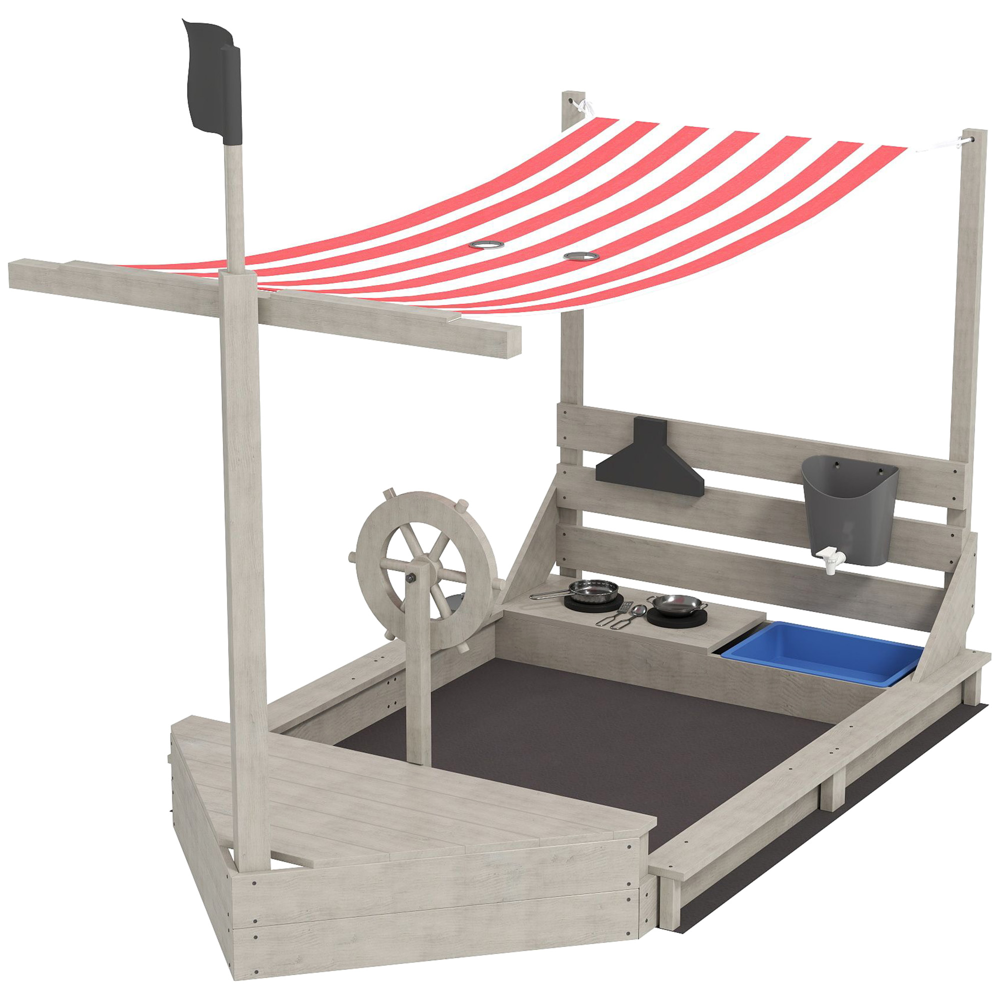 Sandkasten mit Sonnendach Piratenschiff, inkl. Kinderküchenspielset, Massivholz, 180 x 103 x 144,5 cm, Grau Sandkasten mit Sonnendach Piratenschiff, inkl. Kinderküchenspielset, Massivholz, 180 x 103 x 144,5 cm, Grau