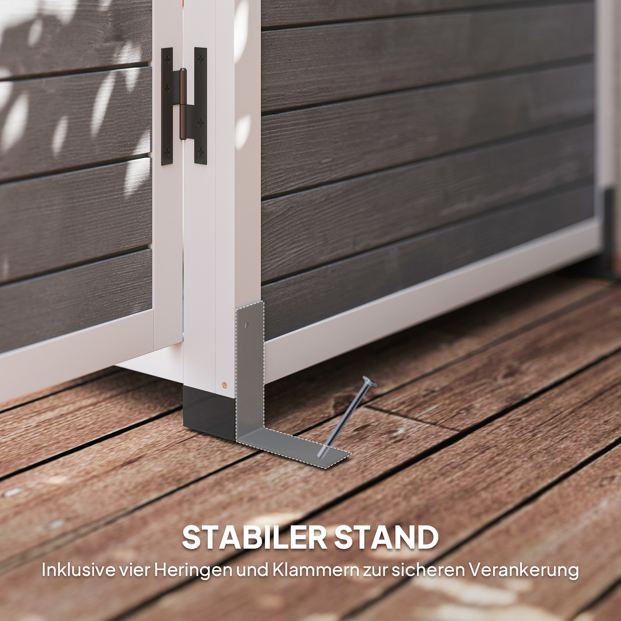 Gartenlagerschuppen, Werkzeugschuppen mit 2 Fenstern, Bodenpfähle, Asphalt-Dach, 91 x 69 x 192 cm, Tannenholz, Hellgrau