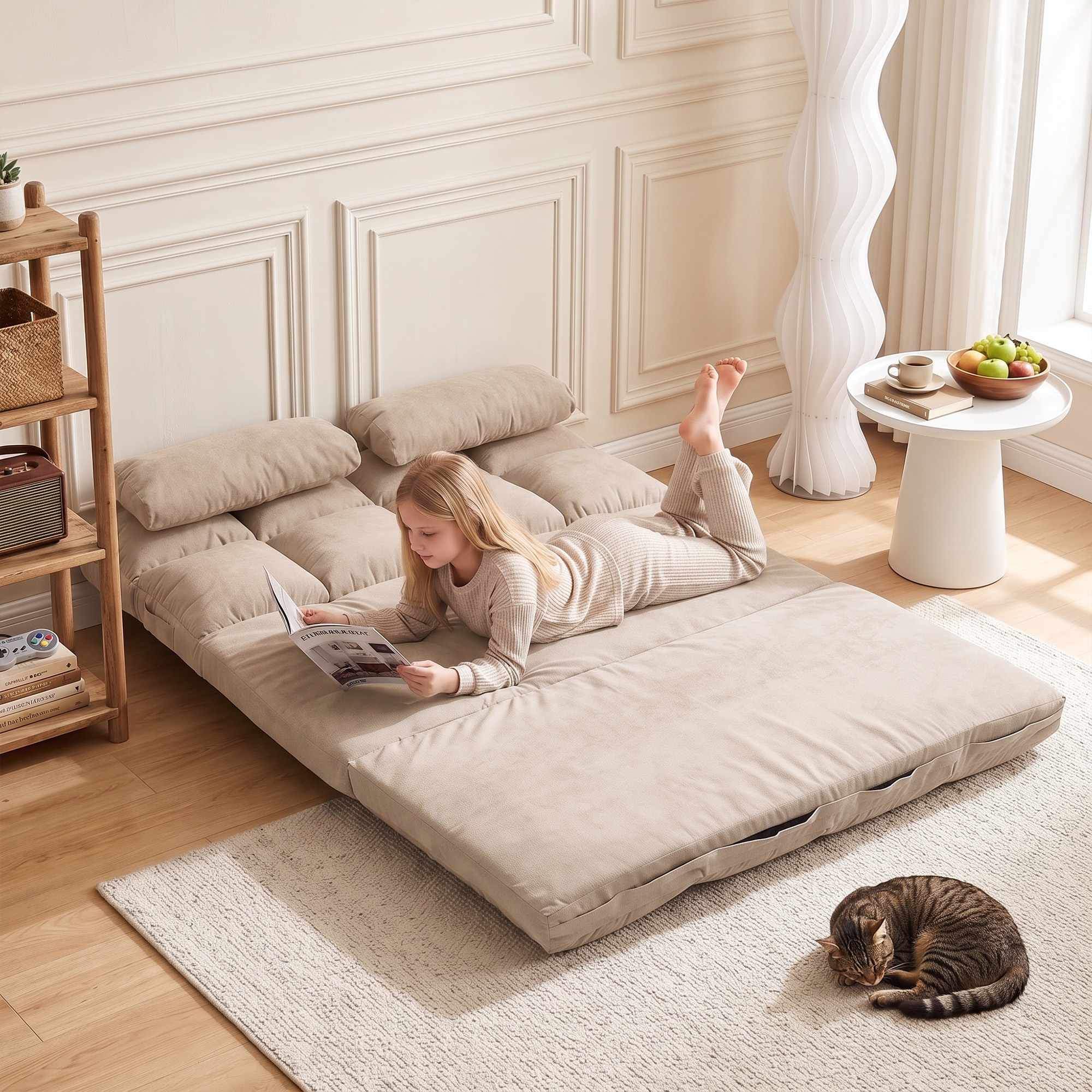 2-in-1 Bodensessel, Rückenlehne, Verstellbar, 102 x 73 x 60 cm, Beige