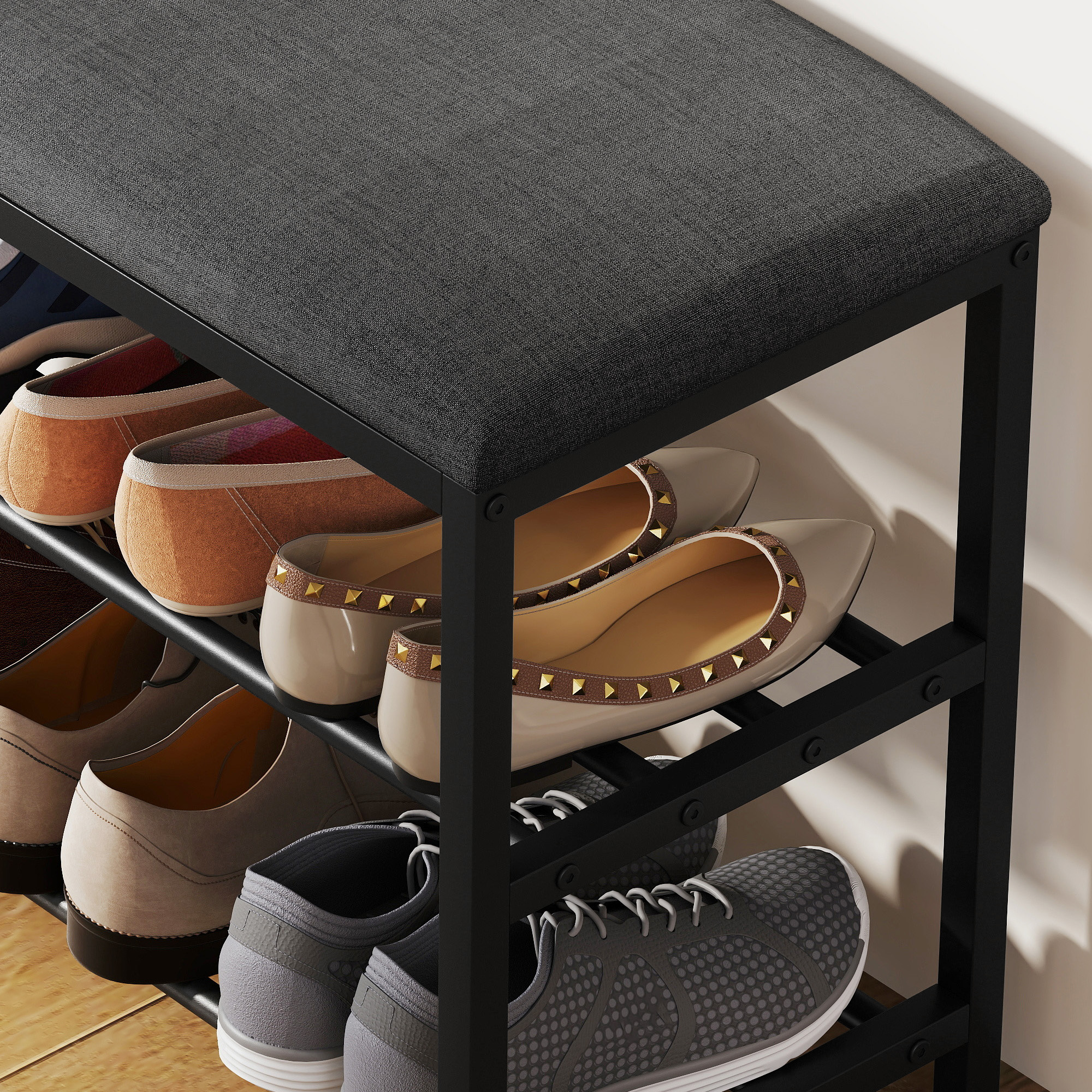 Schuhbank mit Sitzfläche, Sitzbank mit Stauraum, Schuhregal mit 2 offene Fächer, Sitzbank 81 x 31 x 50 cm Schwarz
