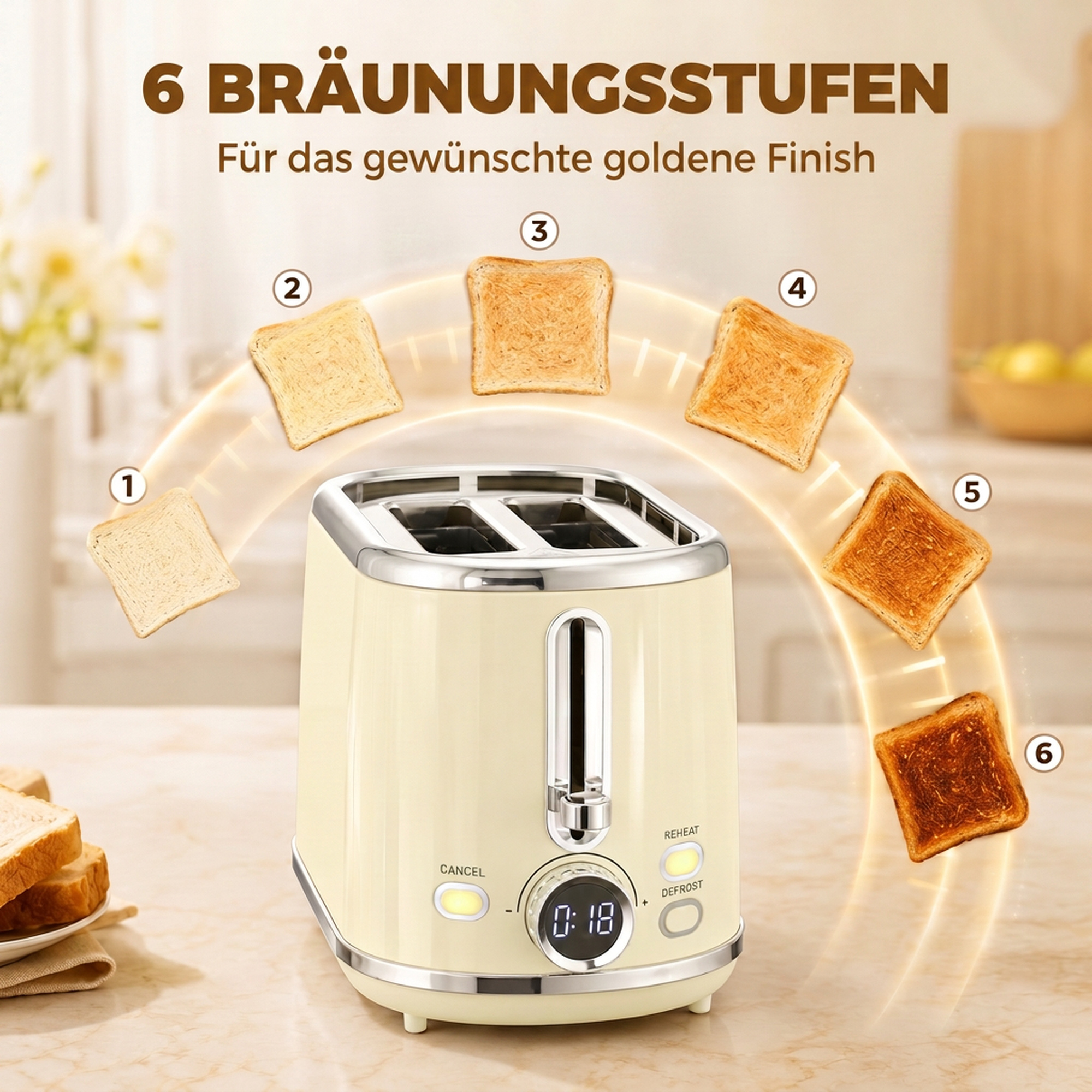 Wasserkocher- und Toaster-Set mit LED-Display, 1,7-L-Wasserkocher mit 3 Std. Warmhaltefunktion, Creme