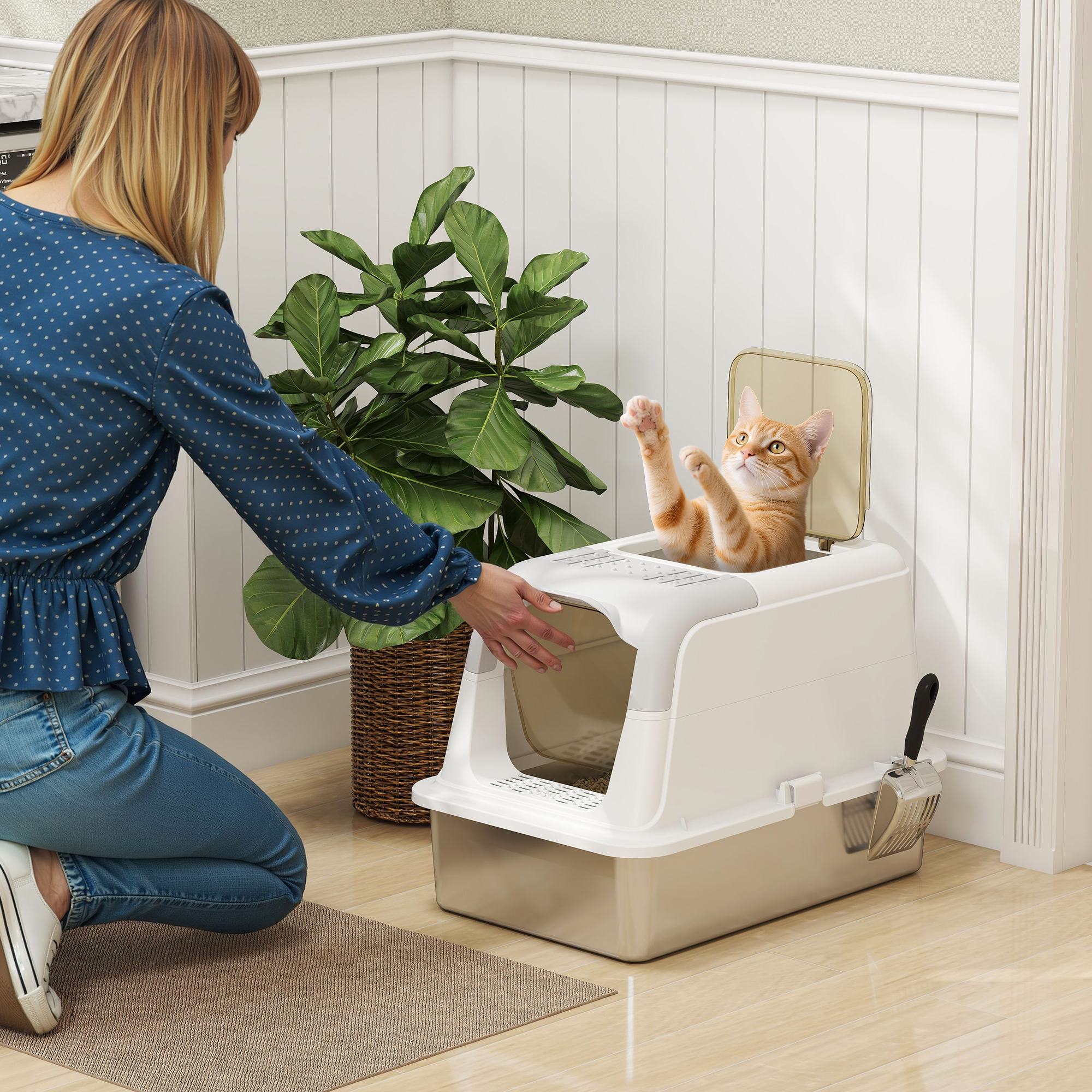 Katzenklo, Katzentoilette mit Deckel, Streuschaufel, vorne Eingang und ober Ausgang Edelstahl bis 7 kg