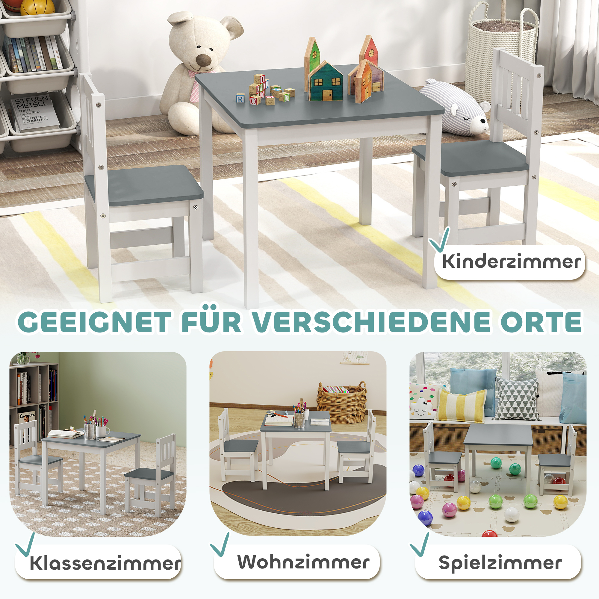 Kindertisch mit 2 Stühlen, 3tlg Kindersitzgruppe, Sitzgruppe für Kinder, Kindermöbel, 56 x 52 x 48 cm Grau