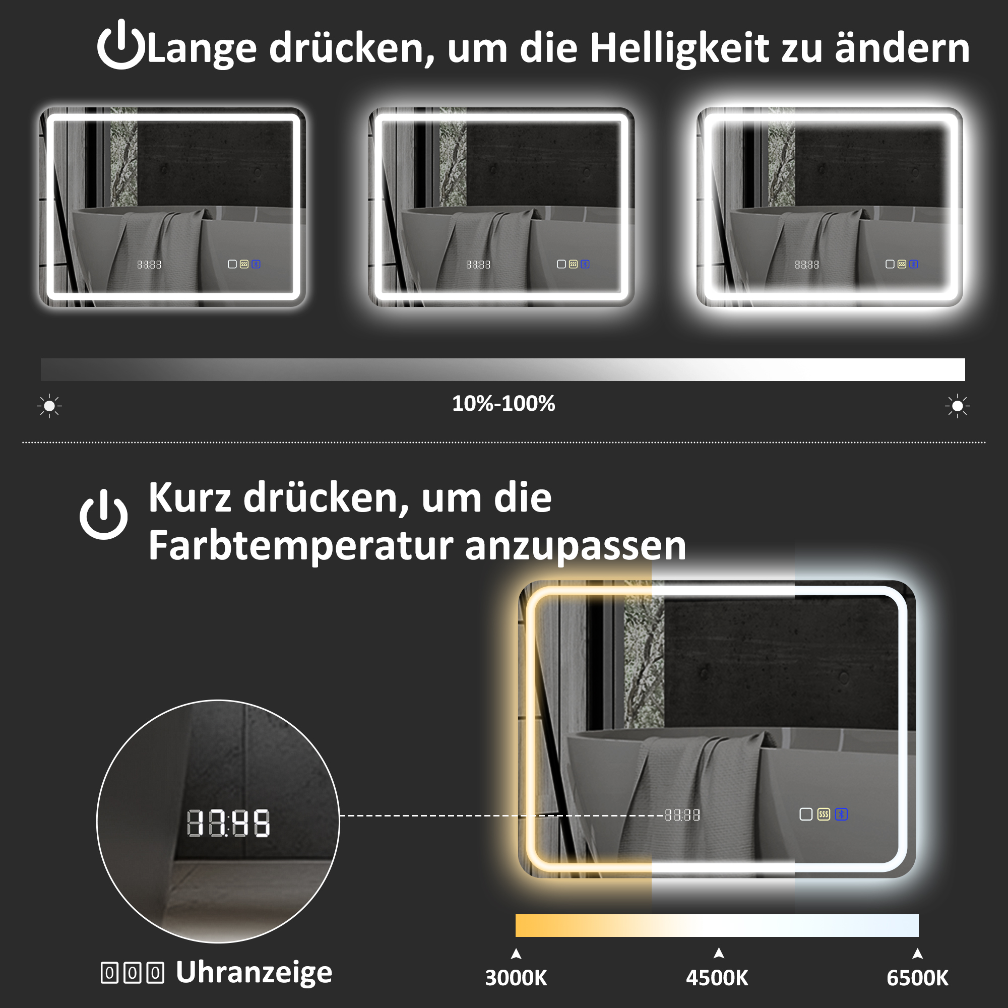 Badezimmerspiegel mit LED-Beleuchtung, Anti-Beschlags-Pad, 3 verstellbare Farben, Uhr, 700 x 900 mm, Silberfarben