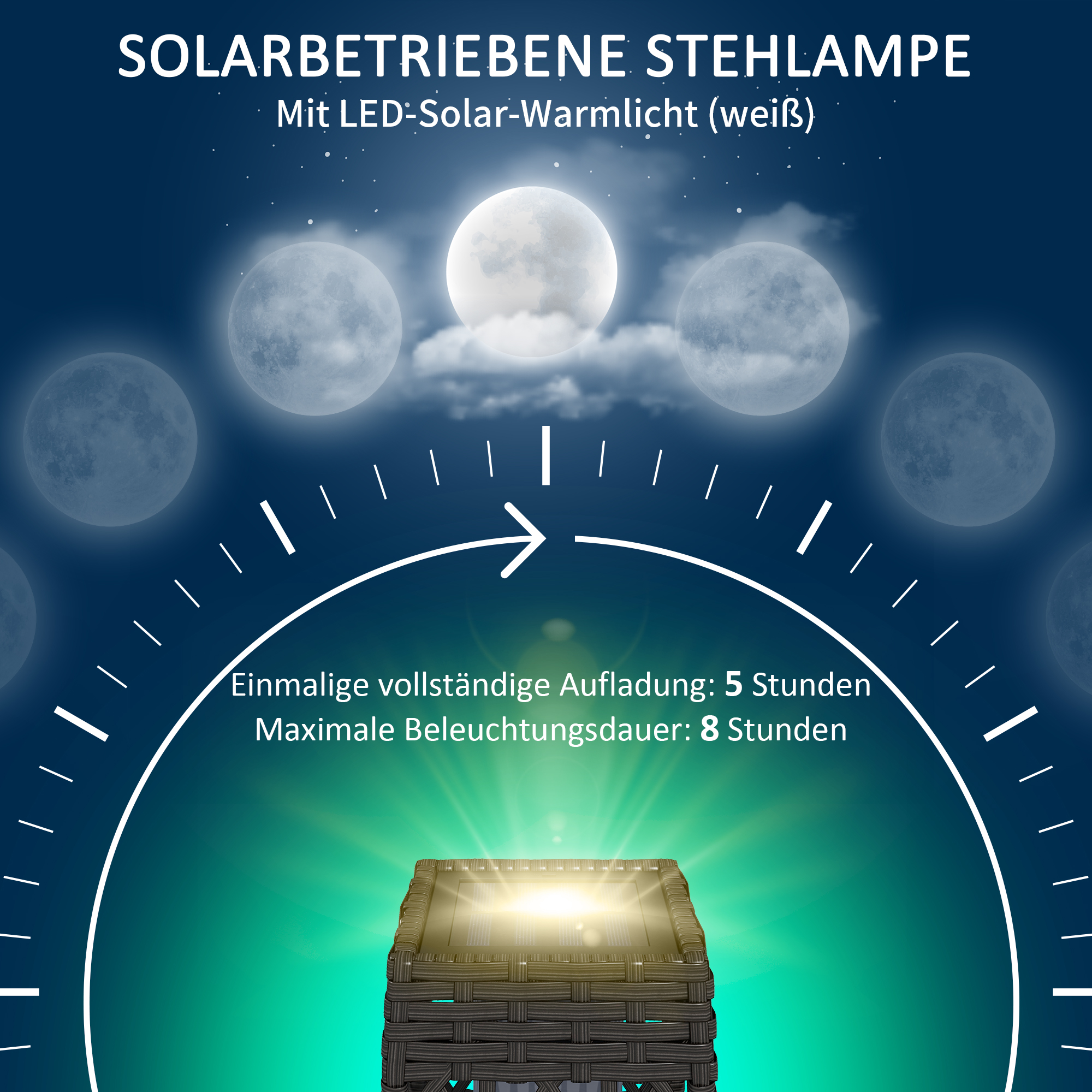 Rattan Außenleuchte, Solar Gartenlampe, Einschaltautomatik, LED, wetterfest, Metallrahmen, 20 x 20 x 68cm, Grau