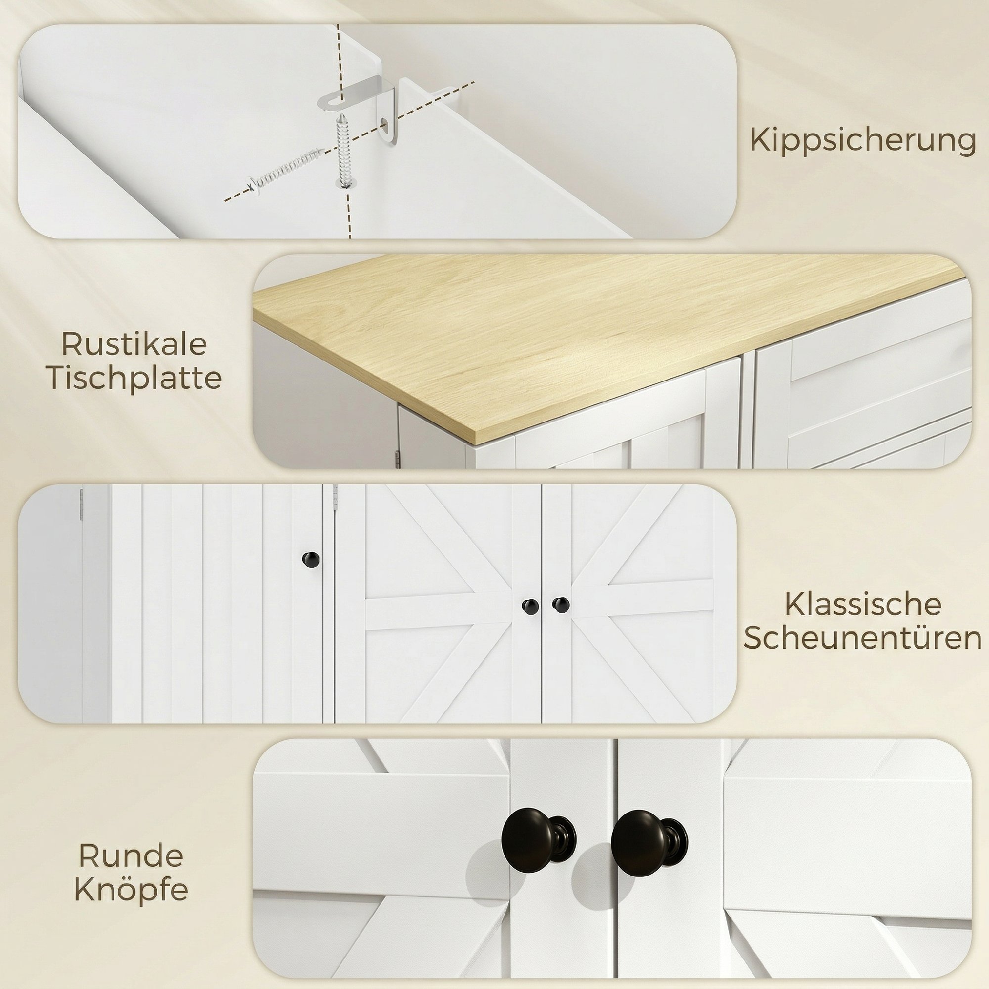 Sideboard, Landhausstil Küchenschrank mit Schiebetüren, 1 Schublade, 2 verstellbaren Einlegeböden, Türregalen