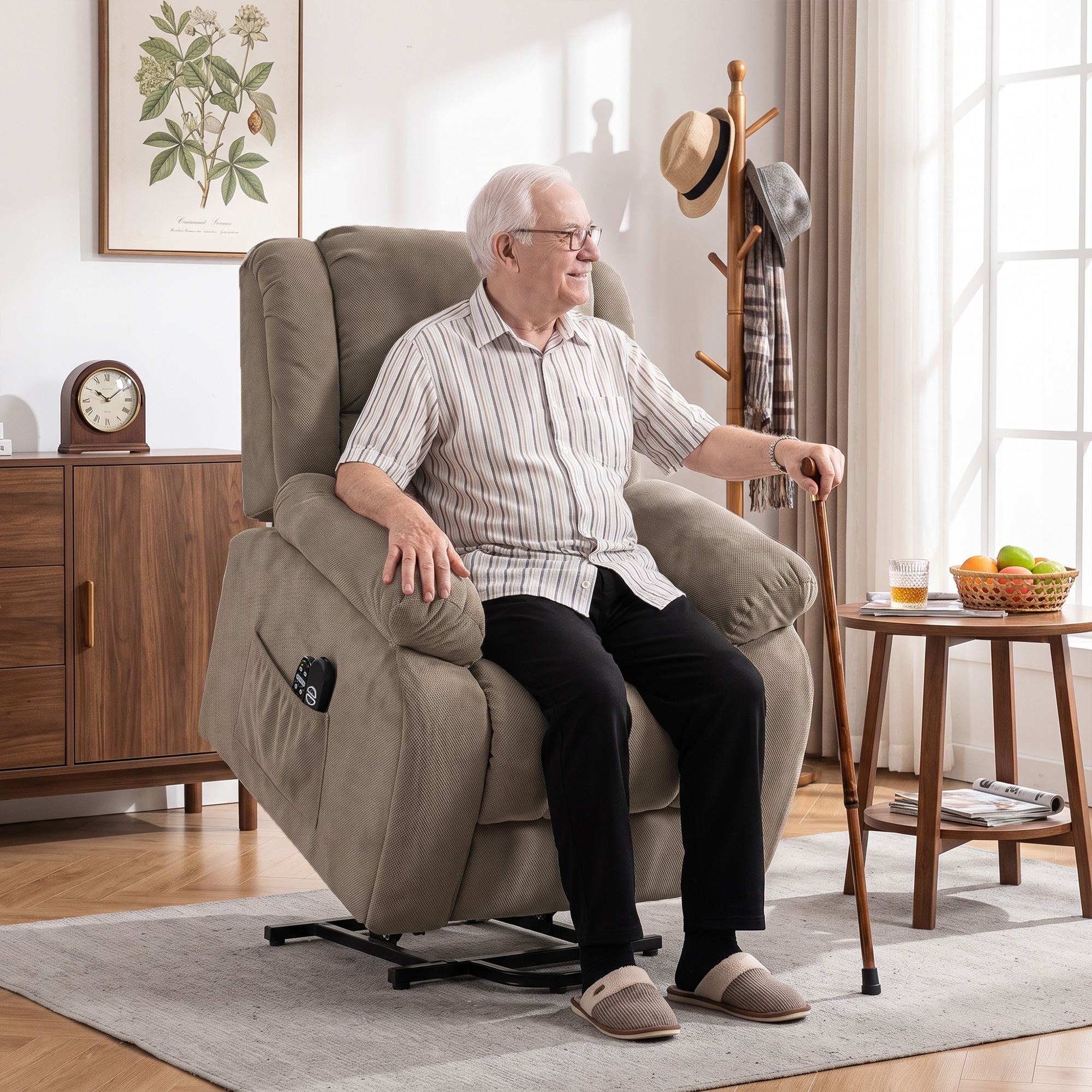 Fernsehsessel mit Massage- und Wärmefunktion, Elektrischer Aufsteh-Sessel, Fernbedienung, Seitentaschen, Hellbraun