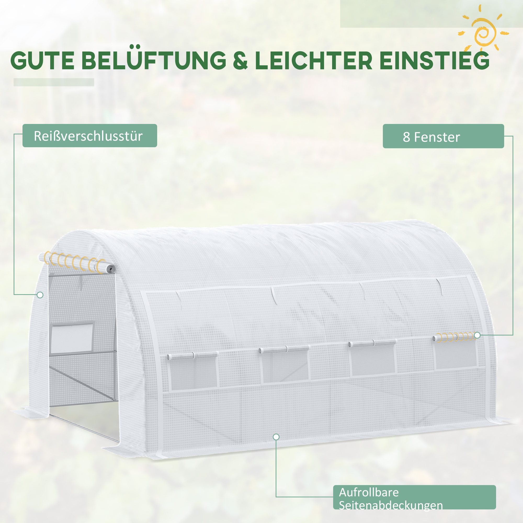 Tunnel-Gewächshaus, begehbar, aufrollbare Wände, Tür mit Reißverschluss, verzinkter Stahlrahmen, 4 x 3 x 2 m, Weiß