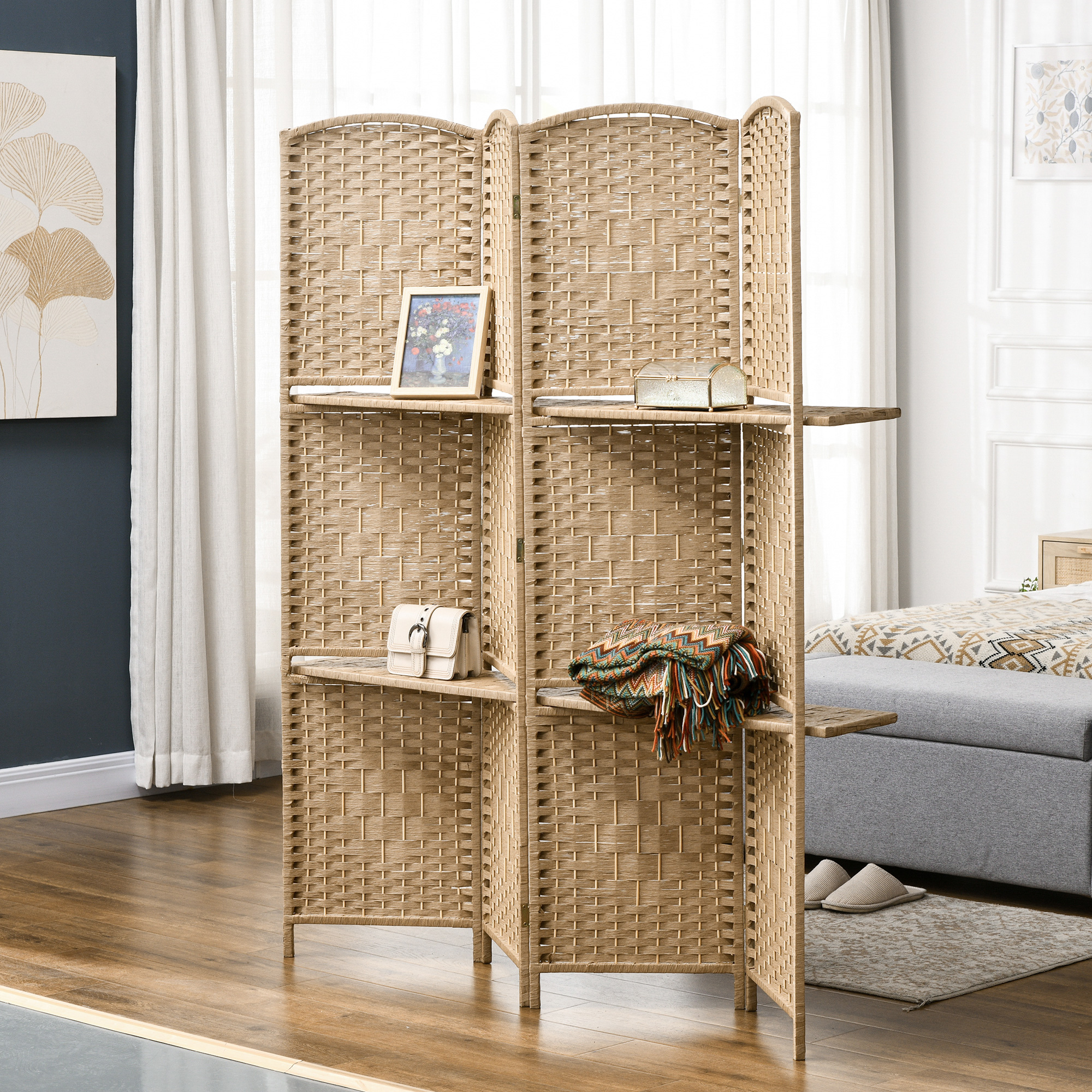 4-teiliger Raumteiler, 160 x 170 cm, faltbare Trennwand mit 2 Regalen