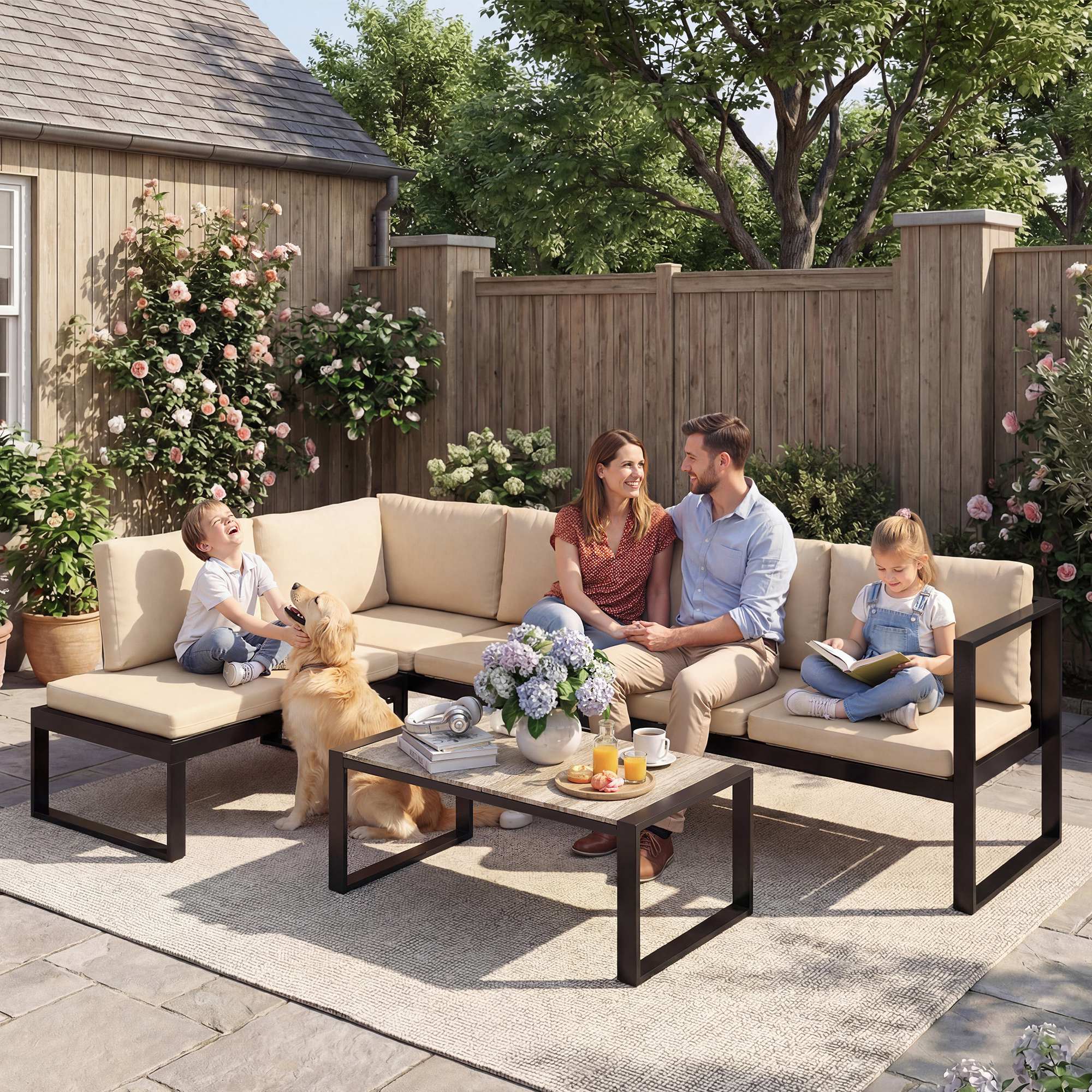 4-teiliges Gartenmöbel-Set, Sofa-Set mit 2 Zweisitzern, armloser Stuhl, Couchtisch, für Balkon, Khaki