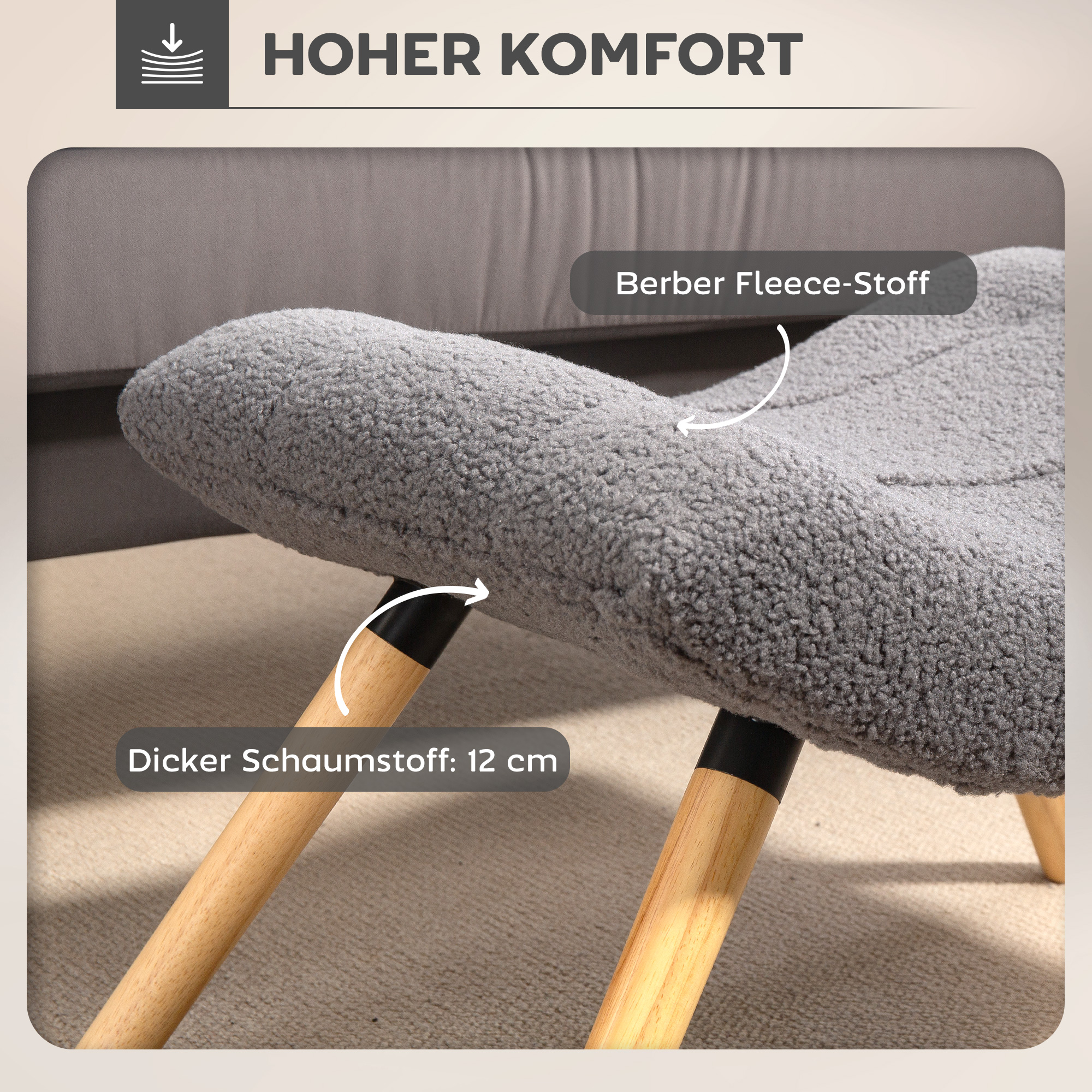 moderner Fußhocker mit Fleece-Bezug und Holzbeinen, gepolstert, für Wohnzimmer, Schlafzimmer, Flur, Dunkelgrau