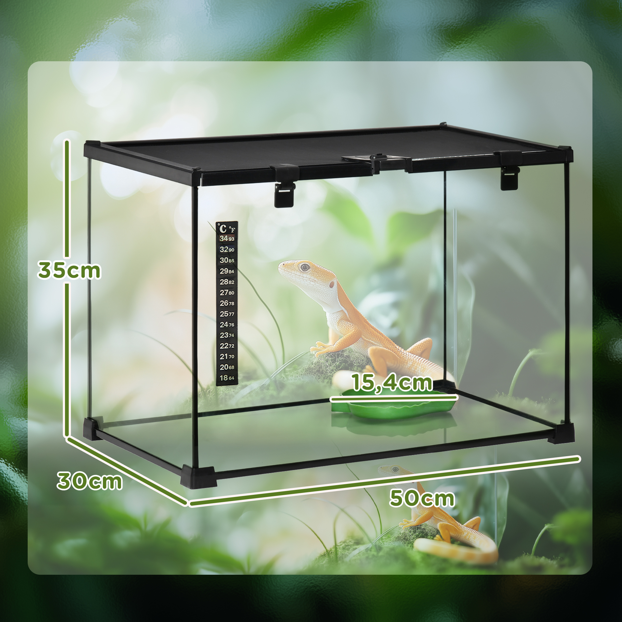Terrarium für Reptilien Reptile Fütterungsbox Glasterrarium Amphibien Spinnentiere mit Thermometer Reptilienzuchtbox für Schnecken Amphibien Insekten Schildkröten Schwarz 50 x 30 x 35 cm
