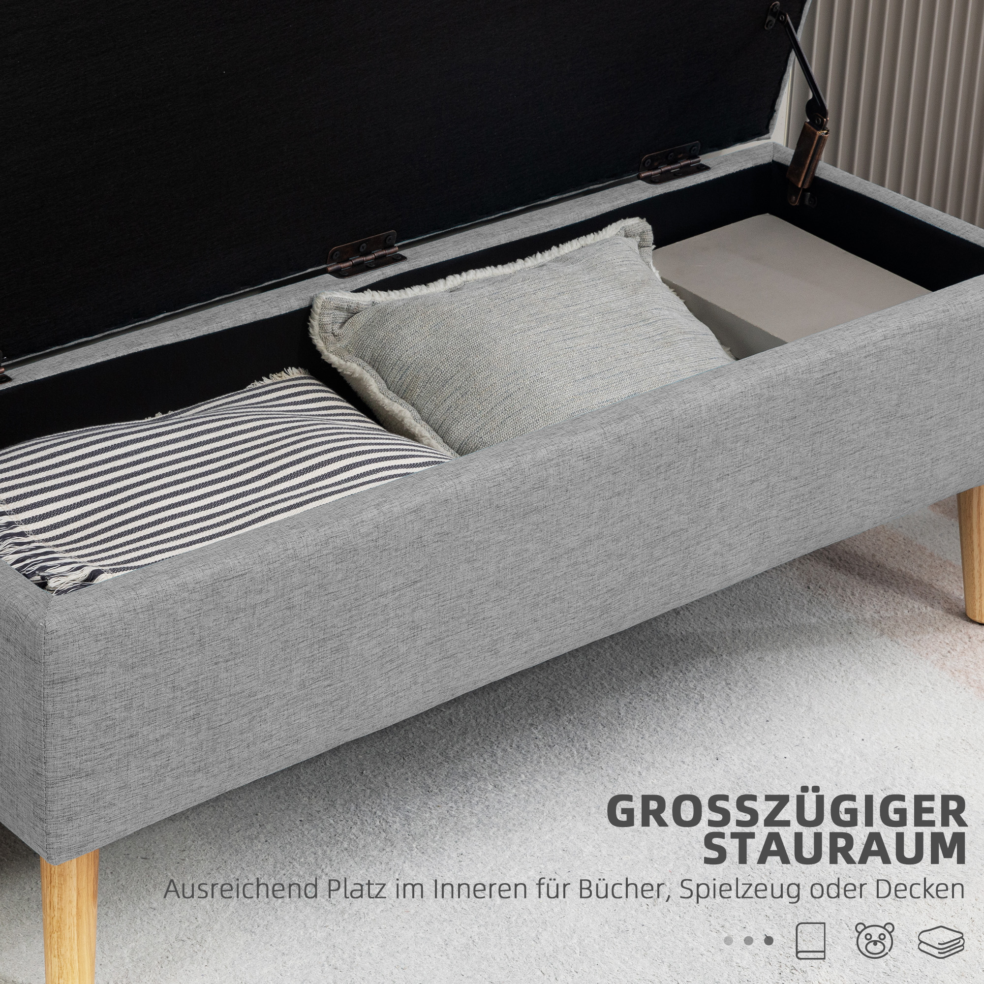 Polsterbank mit Stauraum, Bezug in Leinenoptik, Kautschukholzbeine, bis 220 kg, 110x39x45cm, Grau