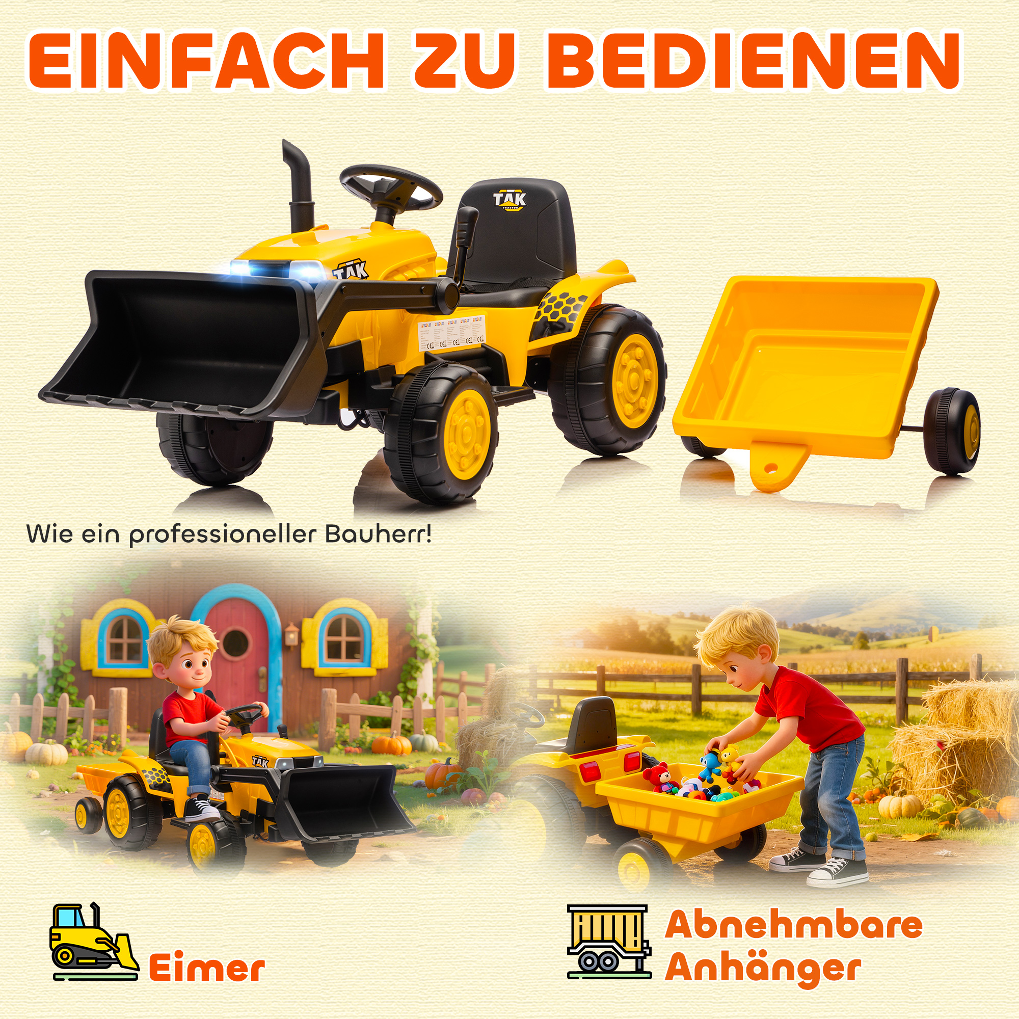 Elektrisches Aufsitz-Baufahrzeug, Spielzeugbagger mit Anhänger, 3-8 Jahre, Kunststoff, Stahl, Gelb