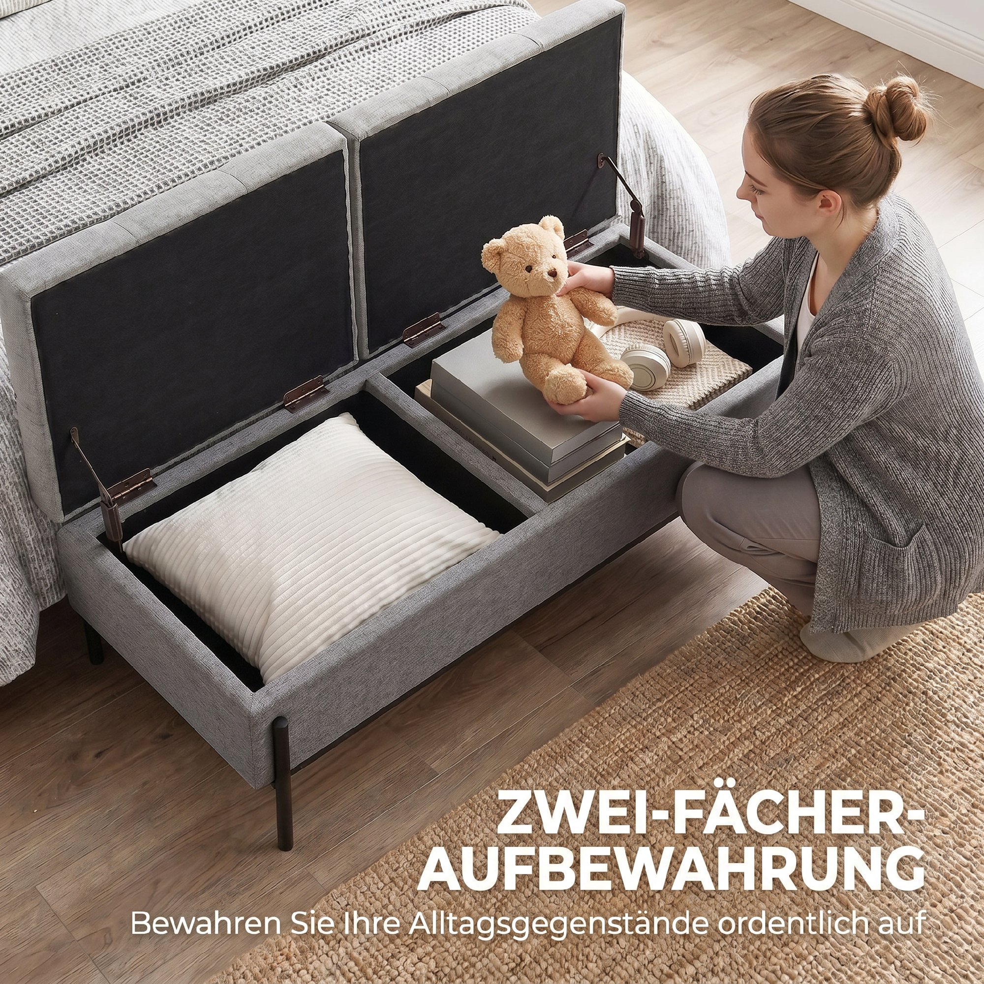 Sitztruhe aus Leinen, Bettbank mit 2 Fächern, klappbaren Deckeln und extra dicker Polsterung, 117 x 50 x 44 cm