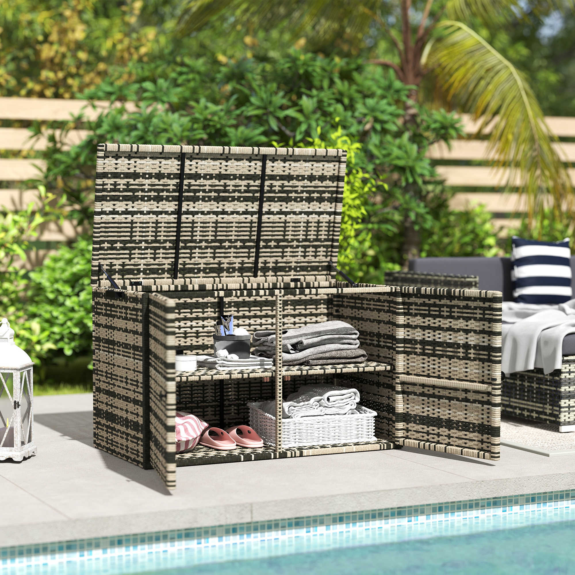 Rattan Auflagenbox 350L 2-Ebenne Kissenbox mit Deckel Hebestangen Tragegriffe 118 x 57 x 69 cm Mischgrau
