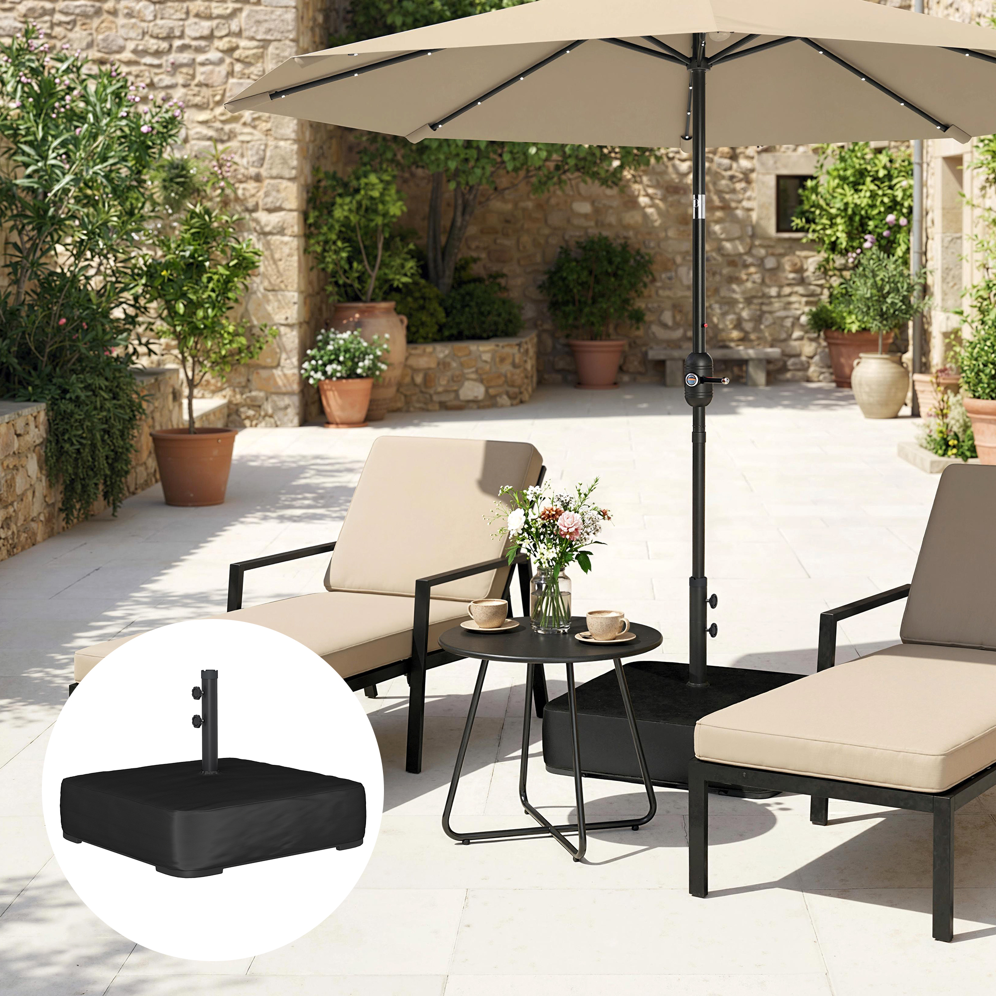 Sonnenschirmständer 80 kg Sandfüllung robuster Standfuß für Freischwinger und 48 mm Stangen Schwarz