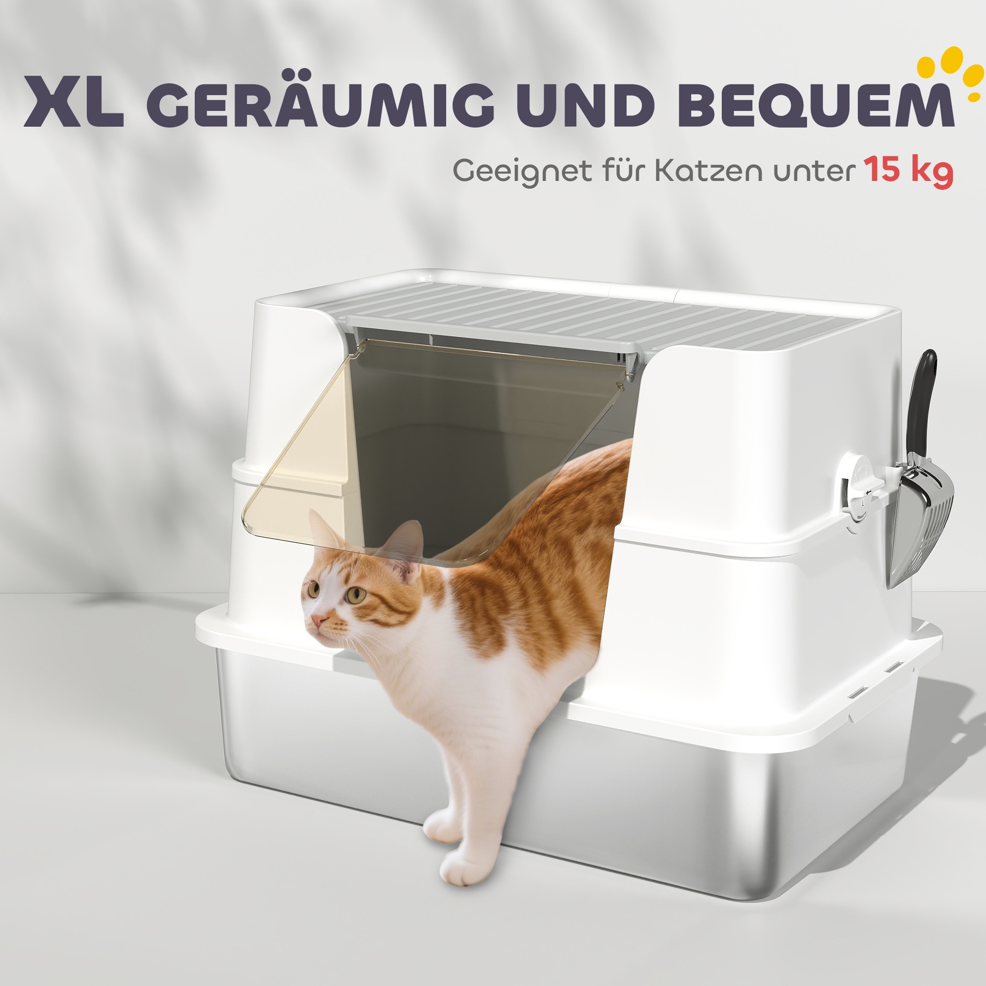Katzentoilette, Edelstahl, XL-Innenraum, mit Schaufel, Hellgrau