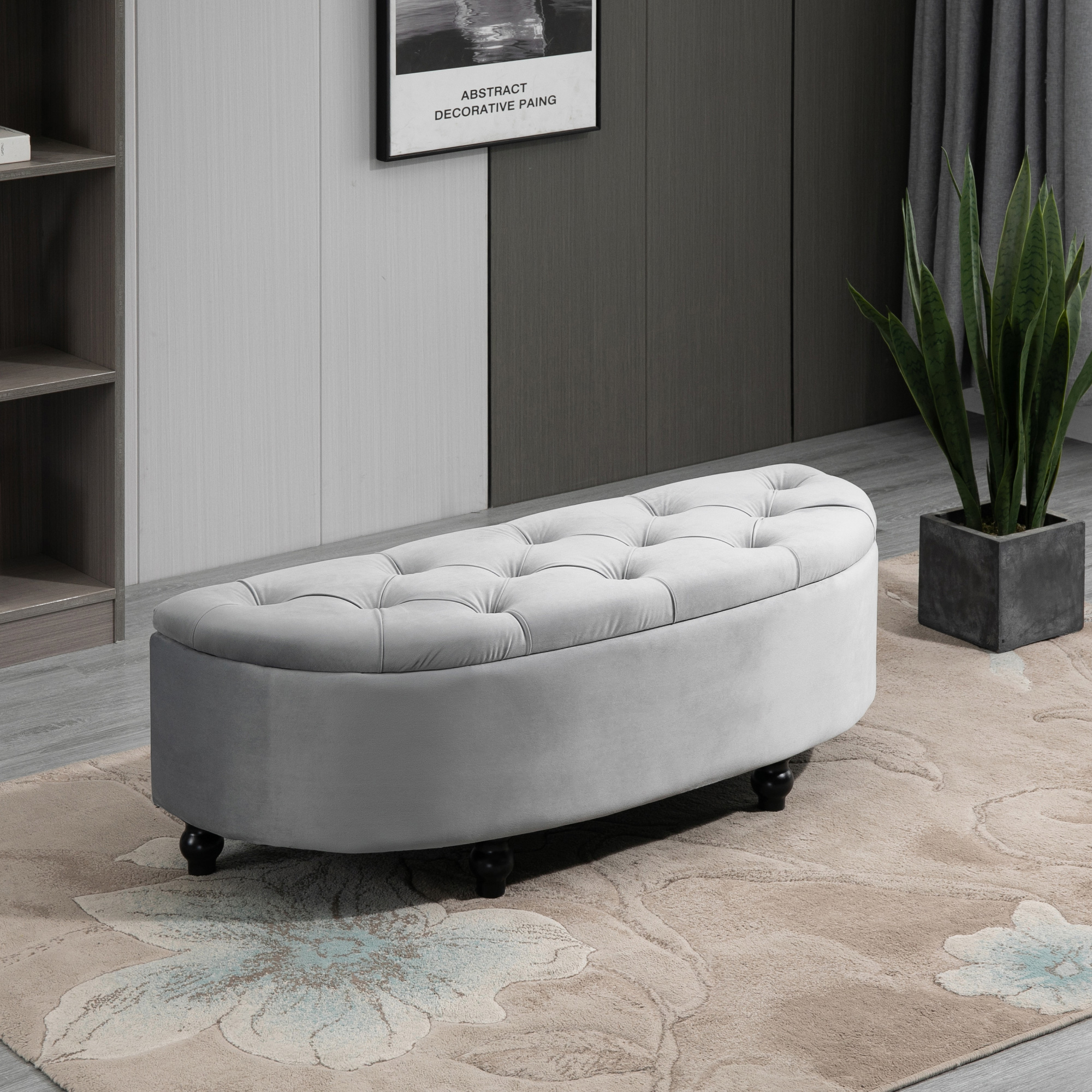 Sitzbank mit Stauraum Polsterbank mit Samtoptik, geöffnetem Deckel Sitztruhe mit Holzbeine, Truhenbank für Wohnzimmer Flur Schlafzimmer 120 x 46 x 42 cm, Grau