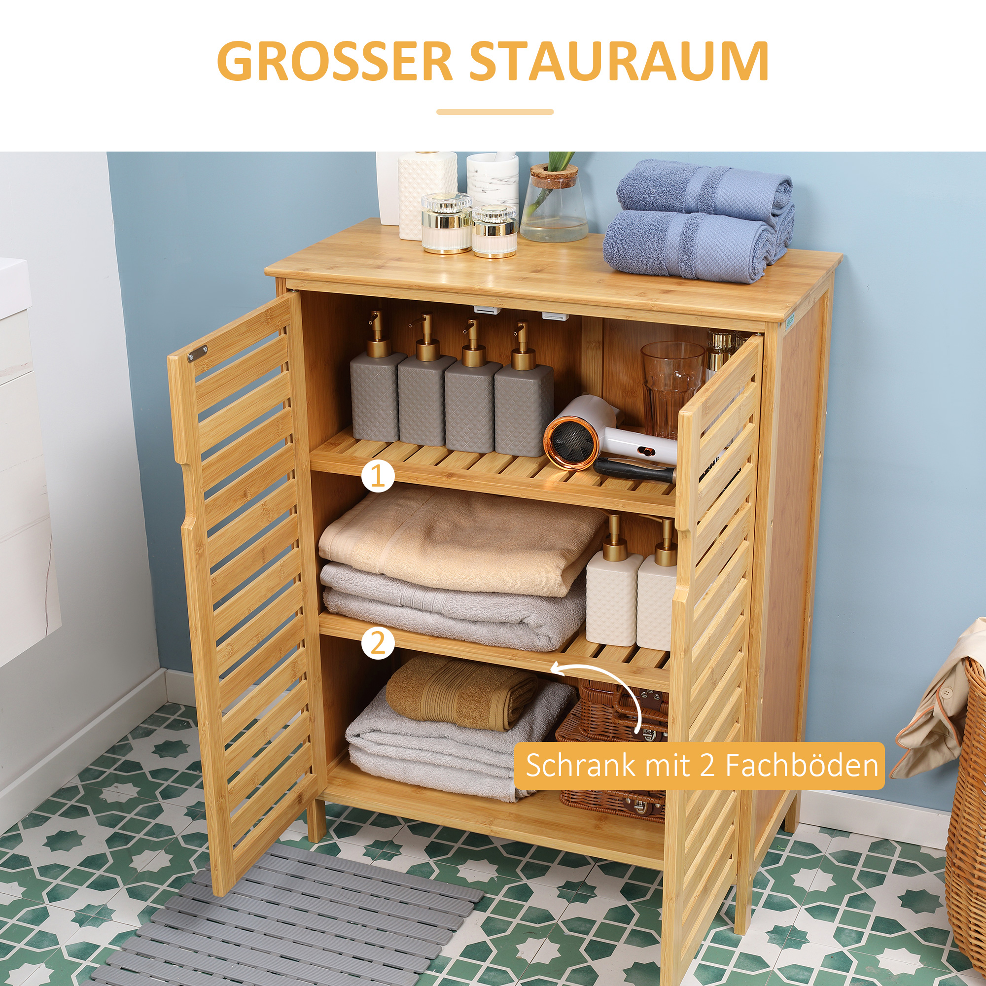 Badezimmerschrank, Bambusschrank mit Lamellendesign für Badezimmer, Flur, kompakte Größe, viel Stauraum, Naturholz