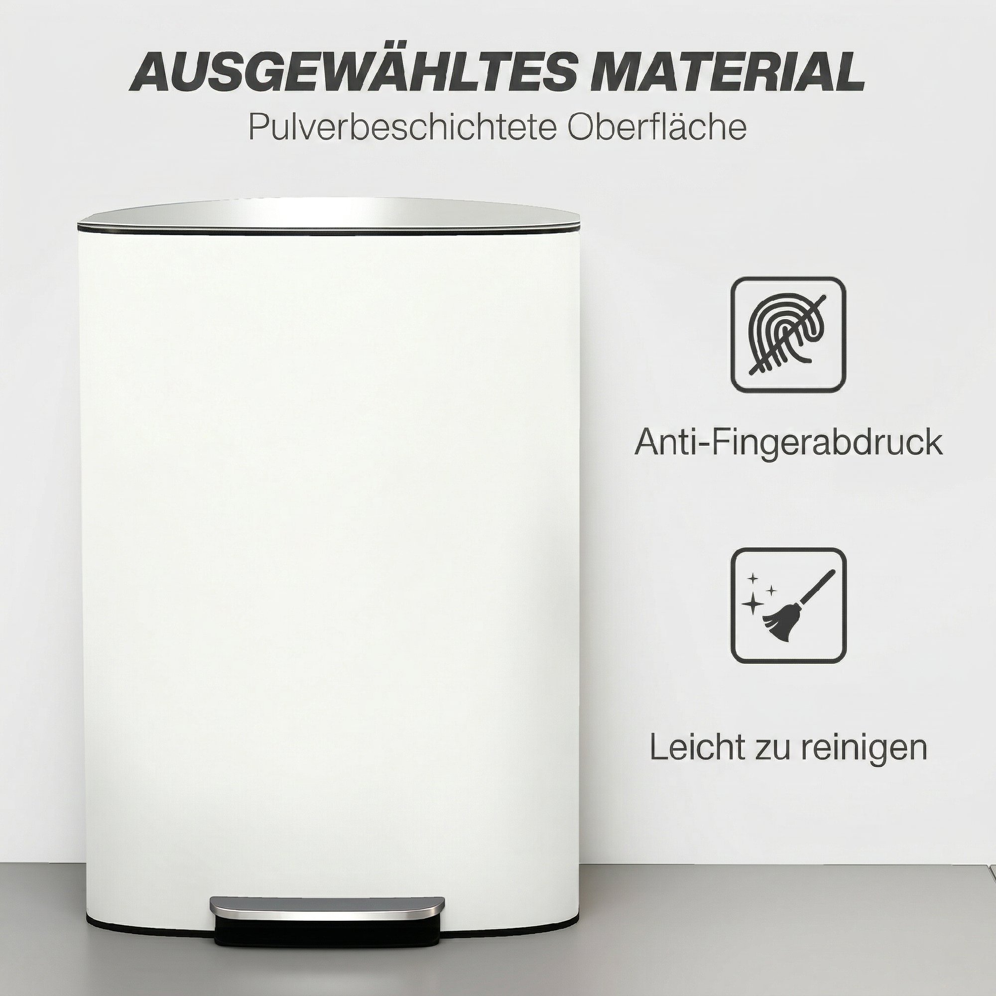 Mülleimer Küche 50 Liter Treteimer mit Bleib-Offen-Funktion, Soft-Close-Deckel, Pedal, Cremeweiß