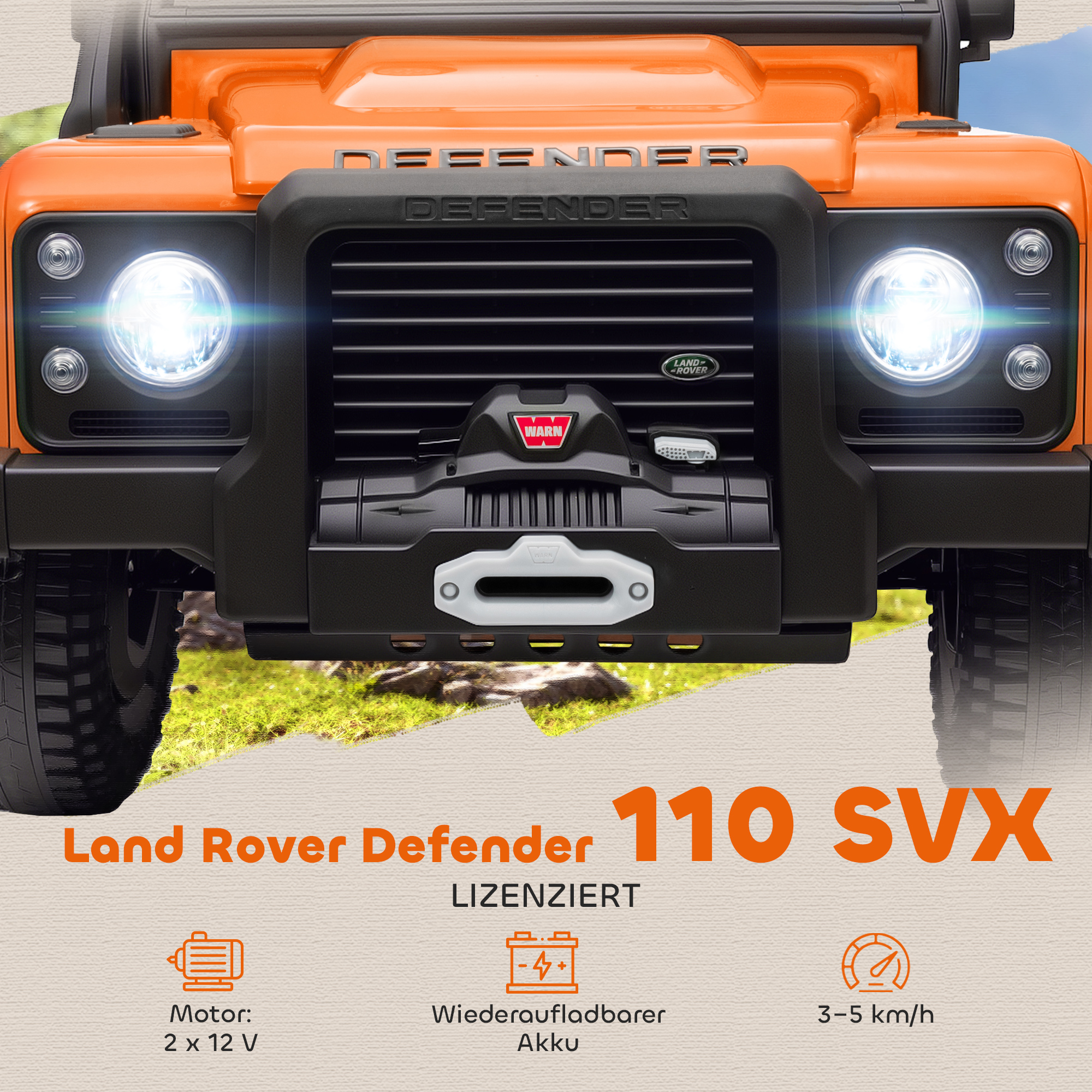 Kinder-Elektroauto, 12V Batterie-Betrieb, Fernbedienung, Musik-Funktion, Hupe, LED-Lichter, Orange