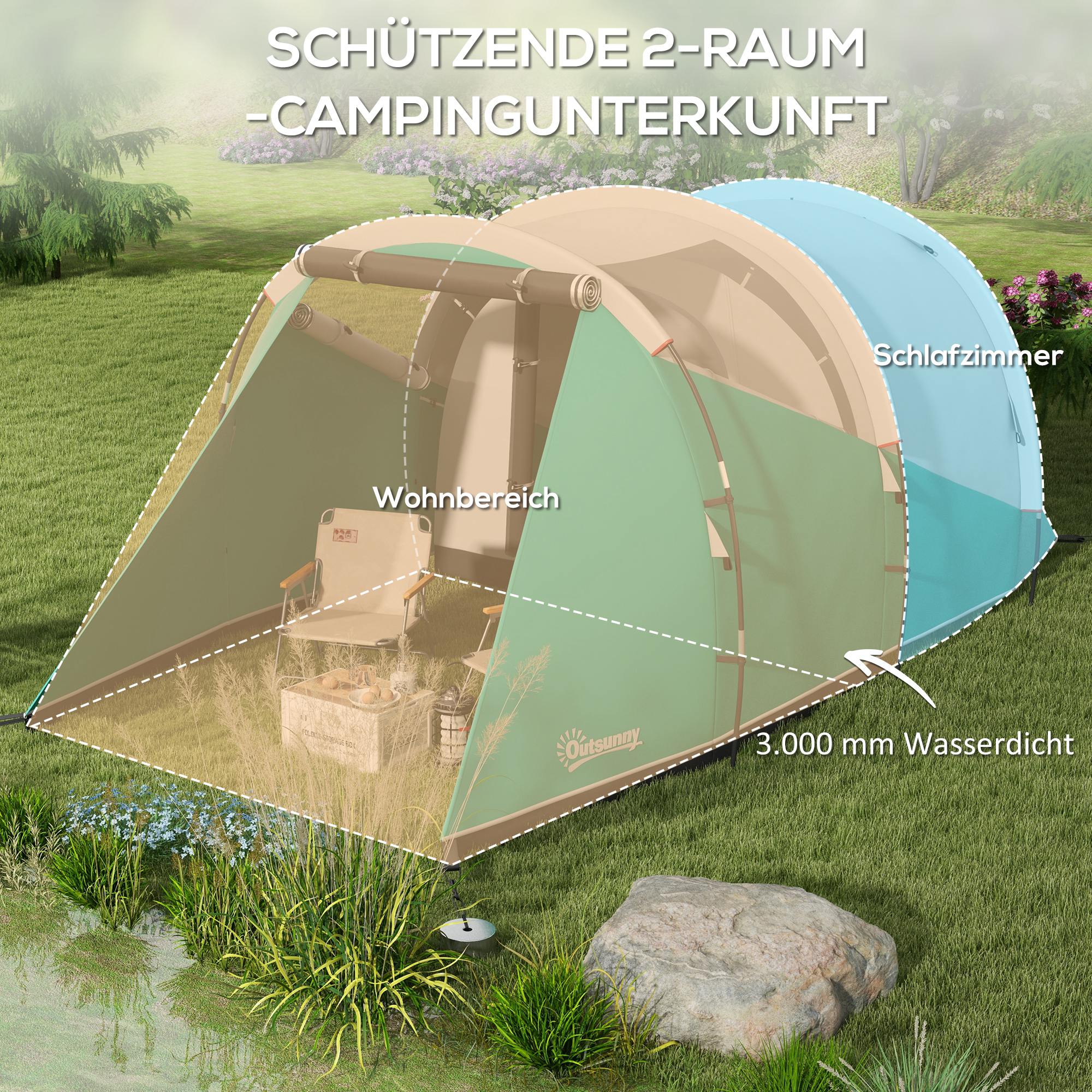 Campingzelt für 3 Personen, separate Wohn- & Schlafräume, 460L x 260B x 190H cm, Grün