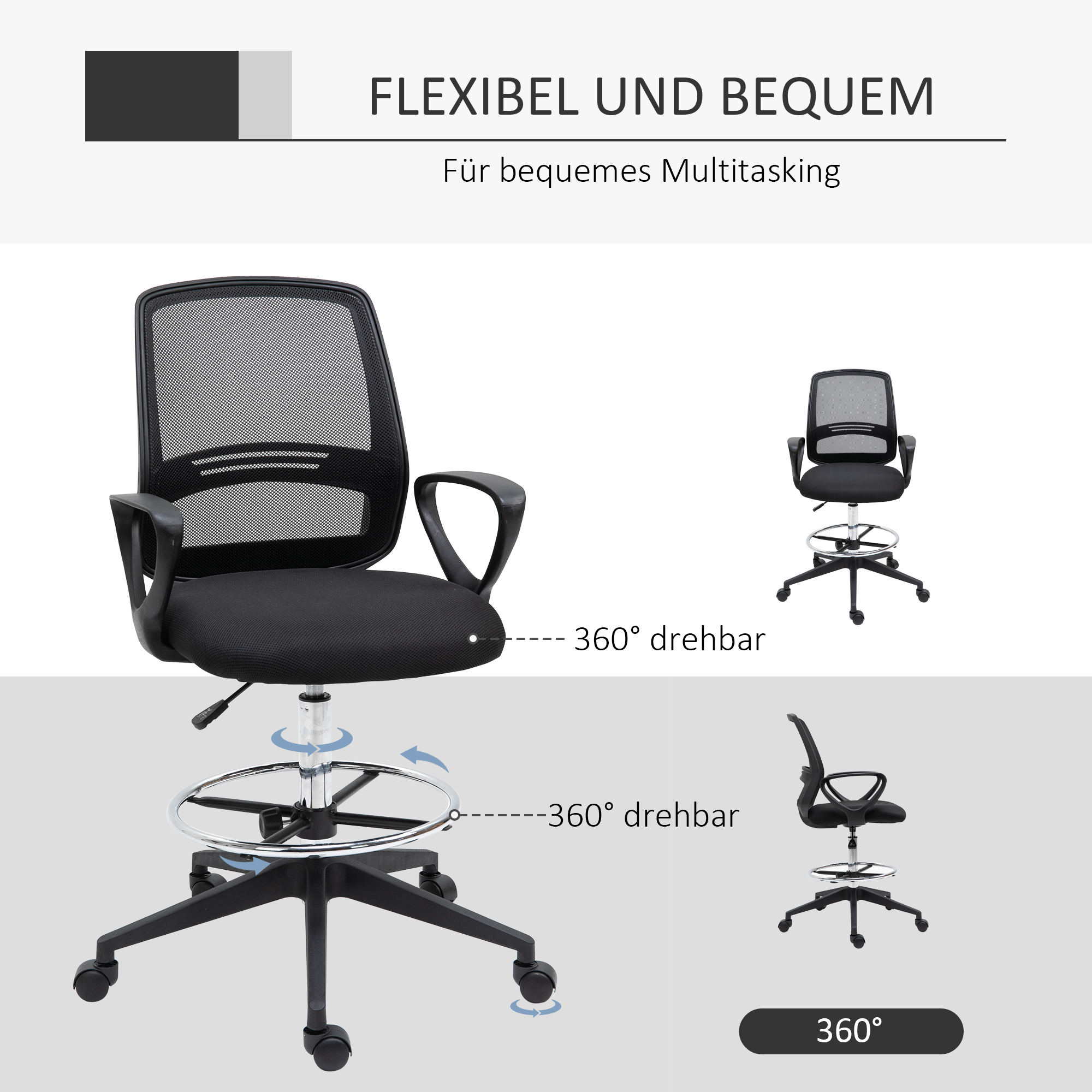 Bürostuhl Ergonomischer Schreibtischstuhl mit Armlehnen und Verstellbarer Fußring, Höhenverstellbarer Drehstuhl mit Netzbespannung Schwarz
