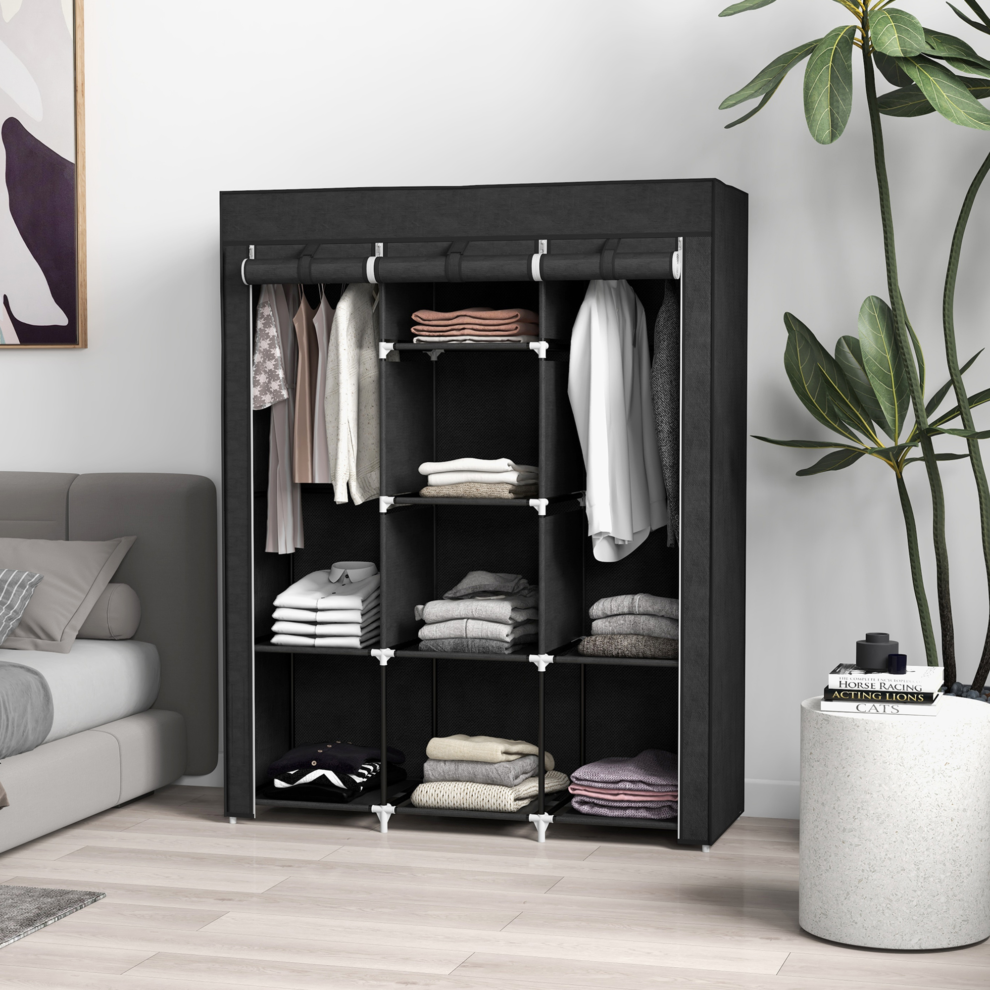 Schrank aus Stoff, Aufbewahrungslösung, 8 Regale, 2 Kleiderstangen, Schwarz