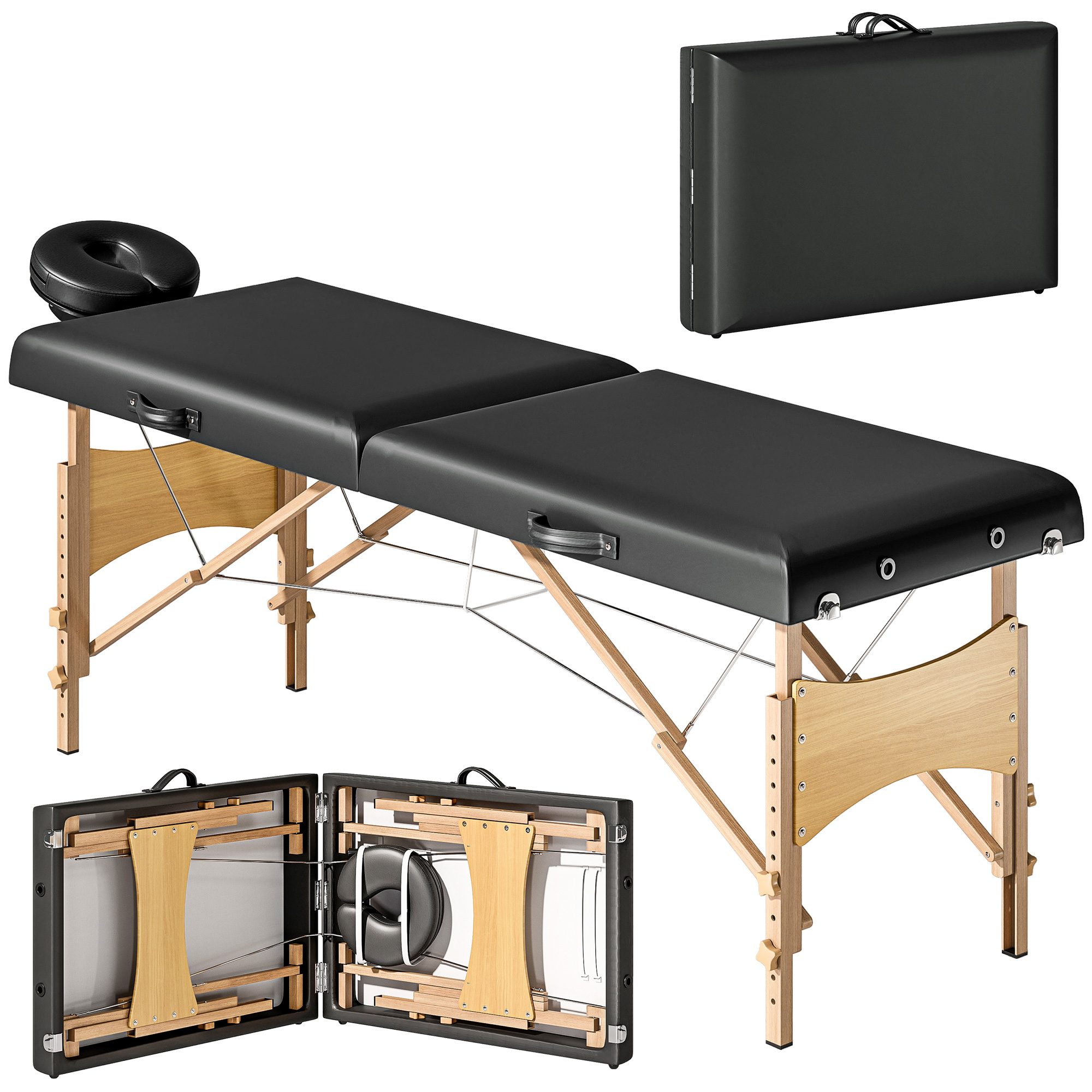 Höhenverstellbarer Massagetisch, Holzgestell, Klappbares Massagebett, Schaumstoffpolsterung, Schwarz Höhenverstellbarer Massagetisch, Holzgestell, Klappbares Massagebett, Schaumstoffpolsterung, Schwarz