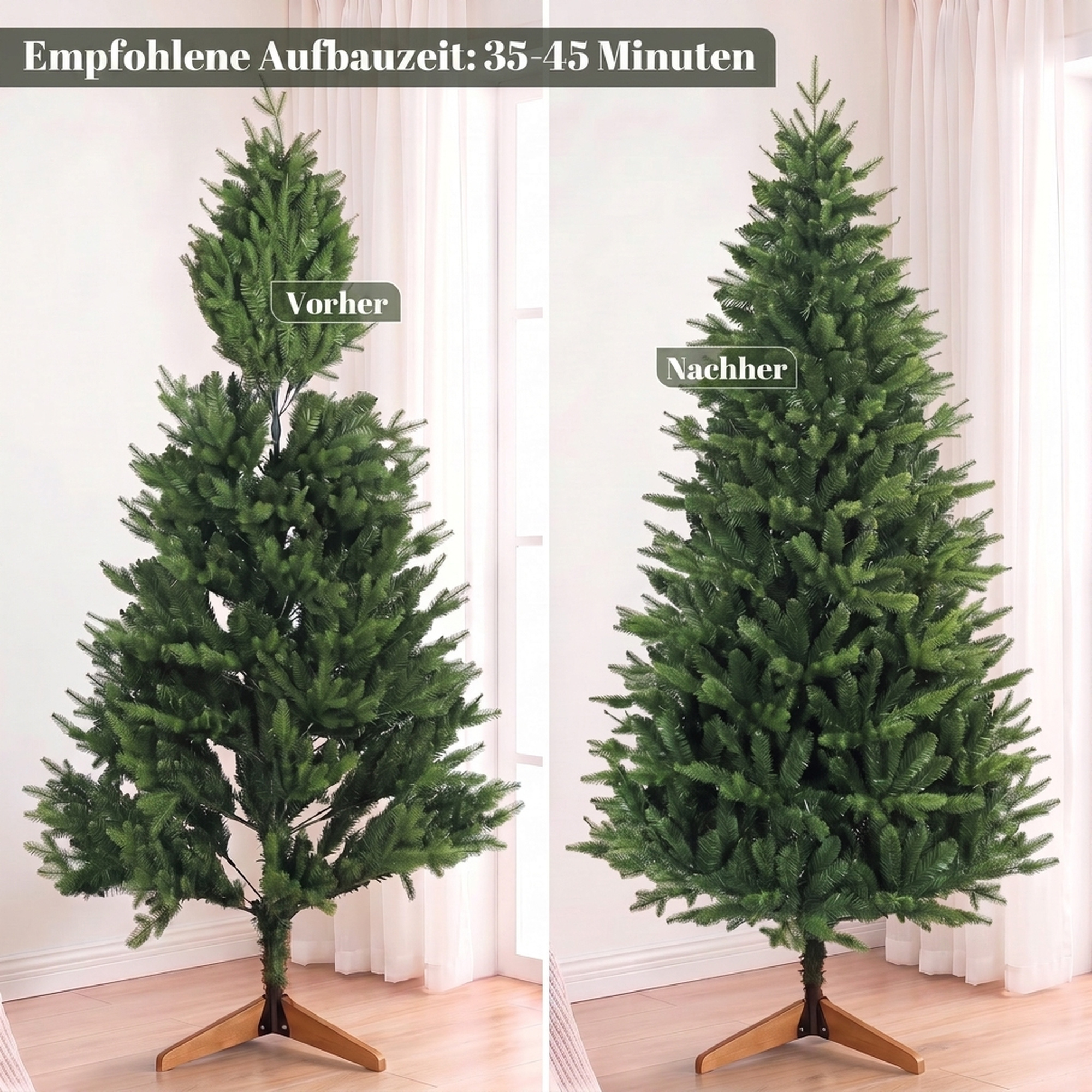 künstlicher Weihnachtsbaum 180 cm mit Kiefernholzständer, Nordic-Tanne mit Klappsystem, 889 Zweigspitzen, Grün