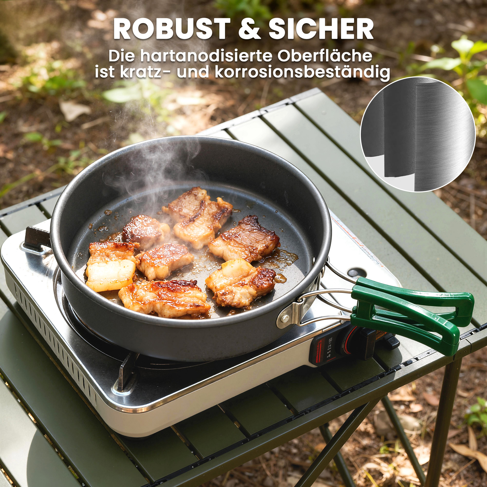 Camping Kochgeschirr Set 8-teiliges Outdoor Geschirr Set mit Anti-Verbrühungsgriffen schnell erhitzend Topf Pfanne Grau