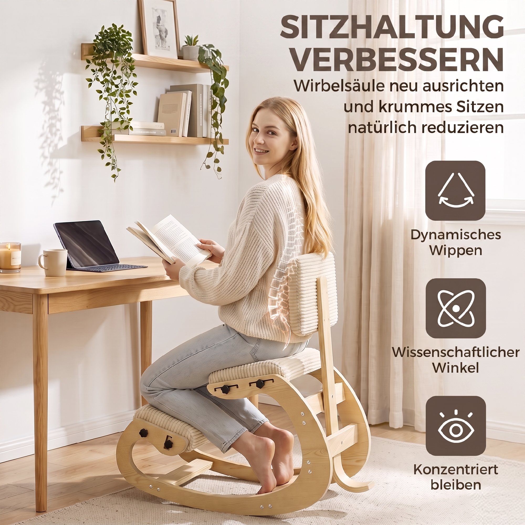 Ergonomischer Kniestuhl, Kniehocker mit Rückenlehne, Cord-Optik, Bürostuhl für Zuhause, Büro, Meditation, Cremeweiß