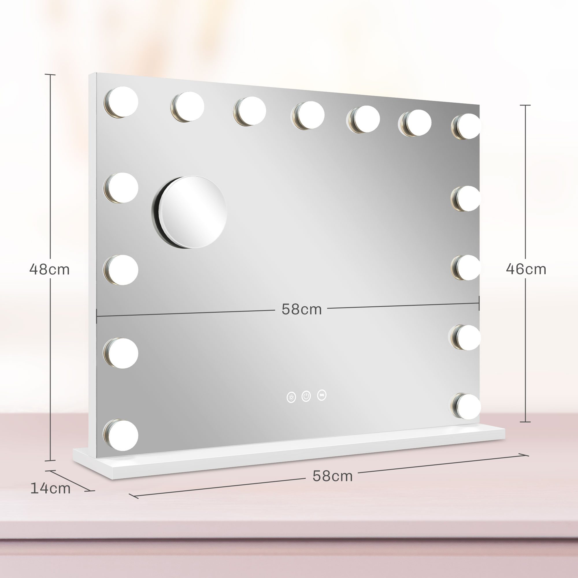 LED-Kosmetikspiegel, 3 Lichtmodi, dimmbar, Touch-Steuerung, USB, 58x48cm, Weiß