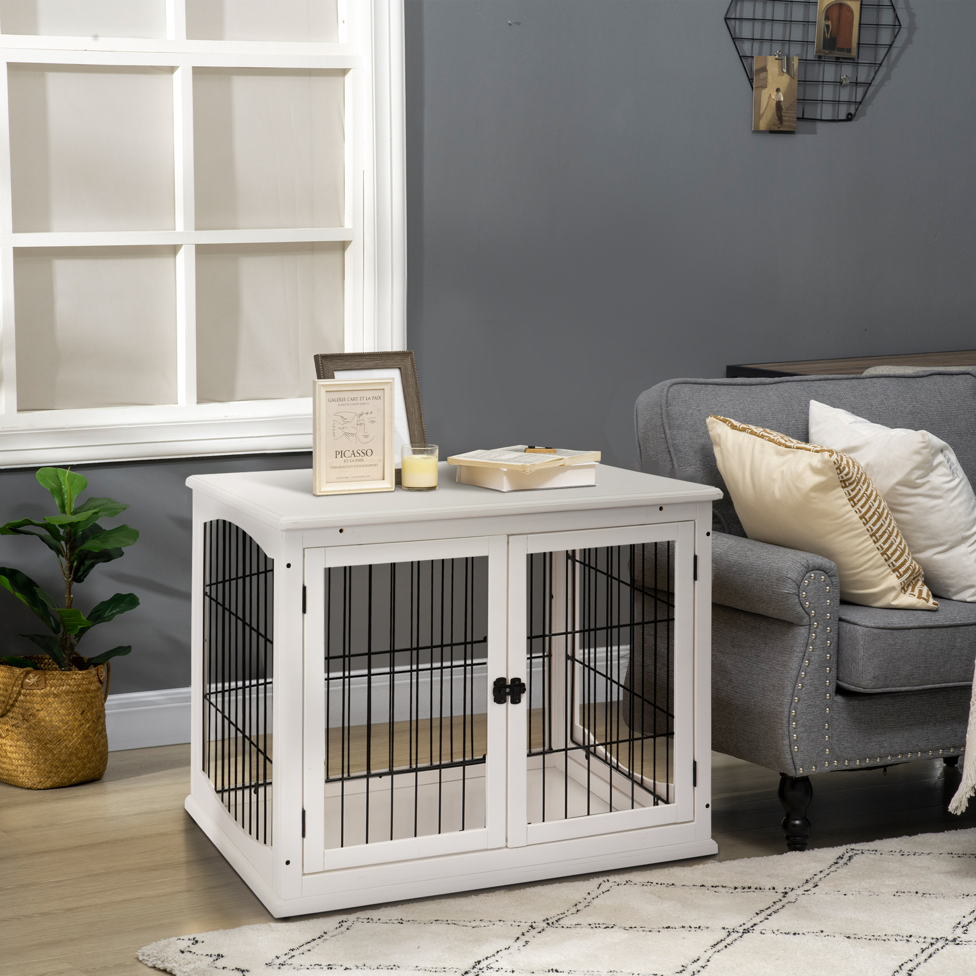 Transportbox für Hunde 58,5 cm x 81 cm x 66 cm Türen, MDF-Holz Eisen, 58, 5 cm x 81 cm x 66 cm, Weiß