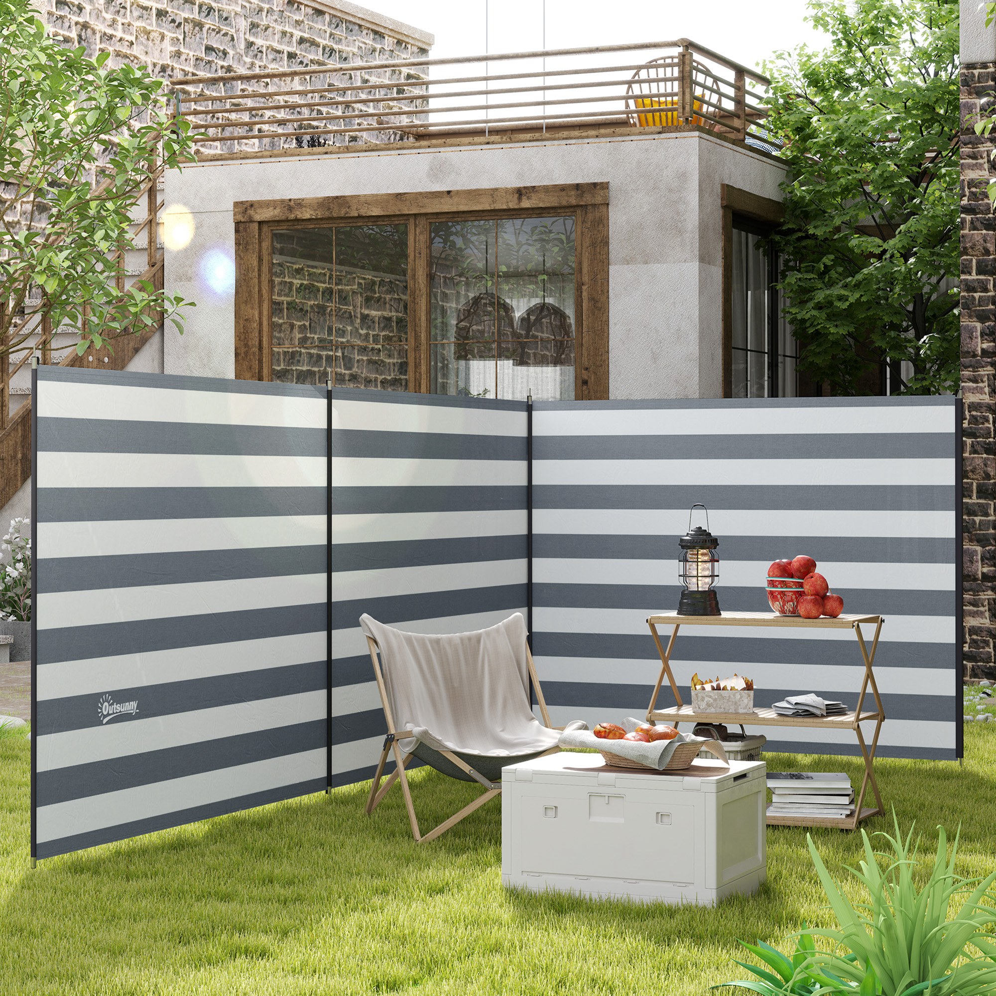 Windschutz Camping Sichtschutz mit 4 Stahlstangen Tragetasche Strandschutz für Camping Garten Strand 540 x 150 cm Grau+Weiß