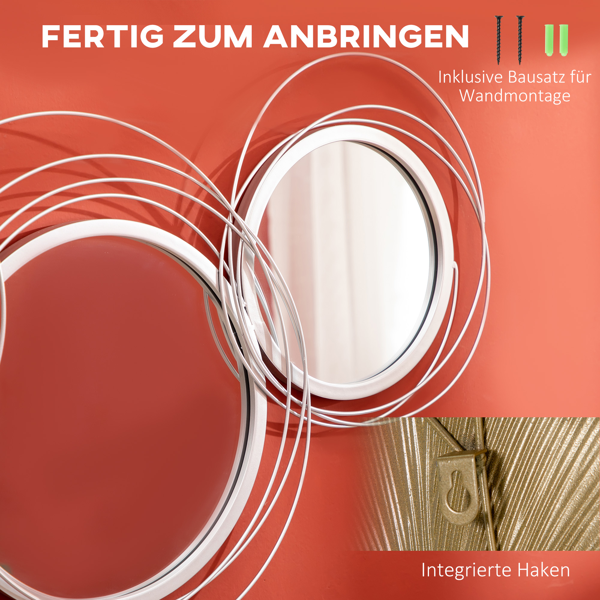 Spiegel-Set für Wanddekoration, Wandschmuck mit 4 runden Spiegeln, Wandspiegel, Flurspiegel,107 x 4 x 56 cm