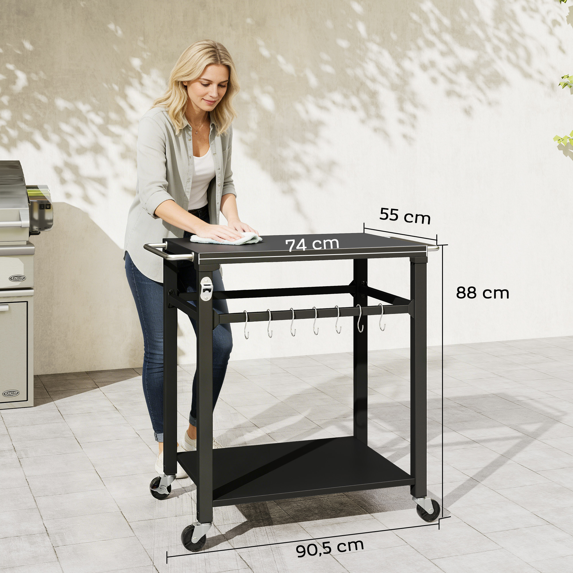 Outdoor-Grillwagen, Pizzaofen-Stand mit Metalloberfläche, 2-stufige rollende Küchenstation mit Haken und Griff, Schwarz