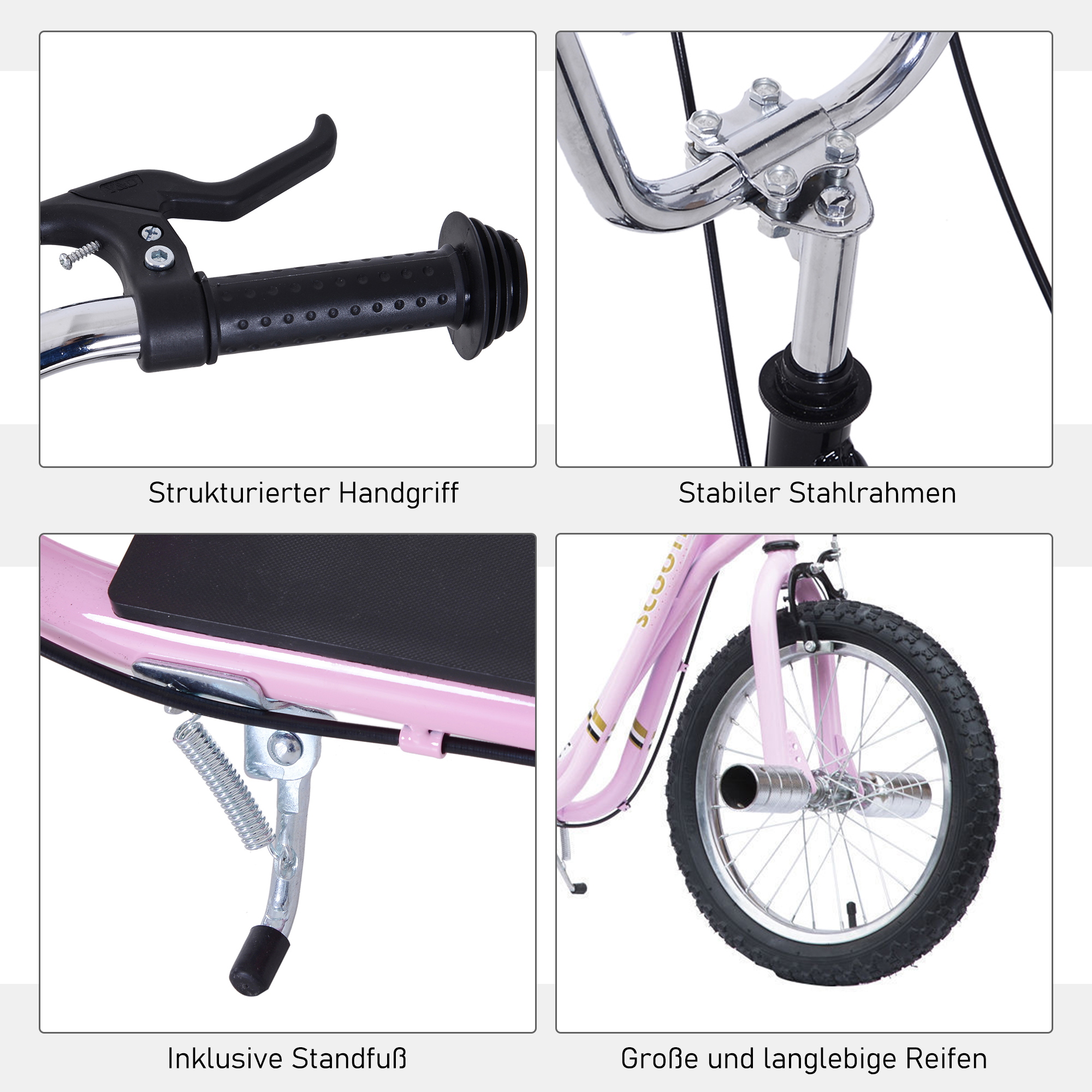 Kinderroller mit Luftreifen Kickscooter Scooter Tretroller Cityroller für Kinder Kickboard 16 Zoll ab 5 Jahre Höhenverstellbar Rosa 143 x 58 x 92-100 cm